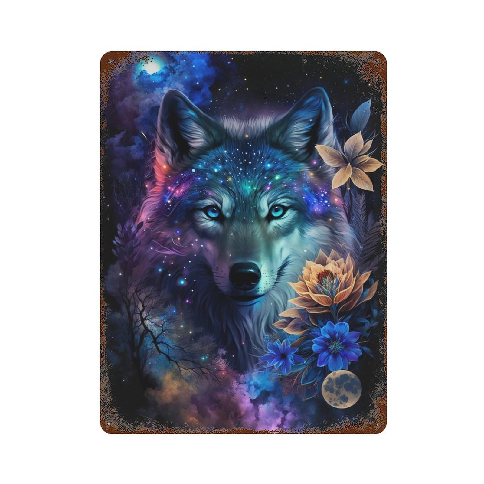 Garage Style Galactic Wolf Fantasy Art Print -4 Vintage Metal Tin Sign 15.7"x11.8", Industrial Home Decor for Bar And Workshop