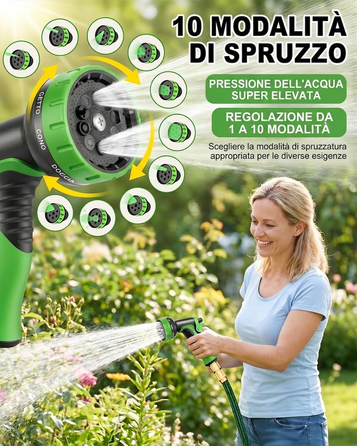 Tubo da Giardino Estensibile 45m (150ft) | Raccordi in Ottone e 10 Funzioni | Tessuto 3750D Ultra Resistente