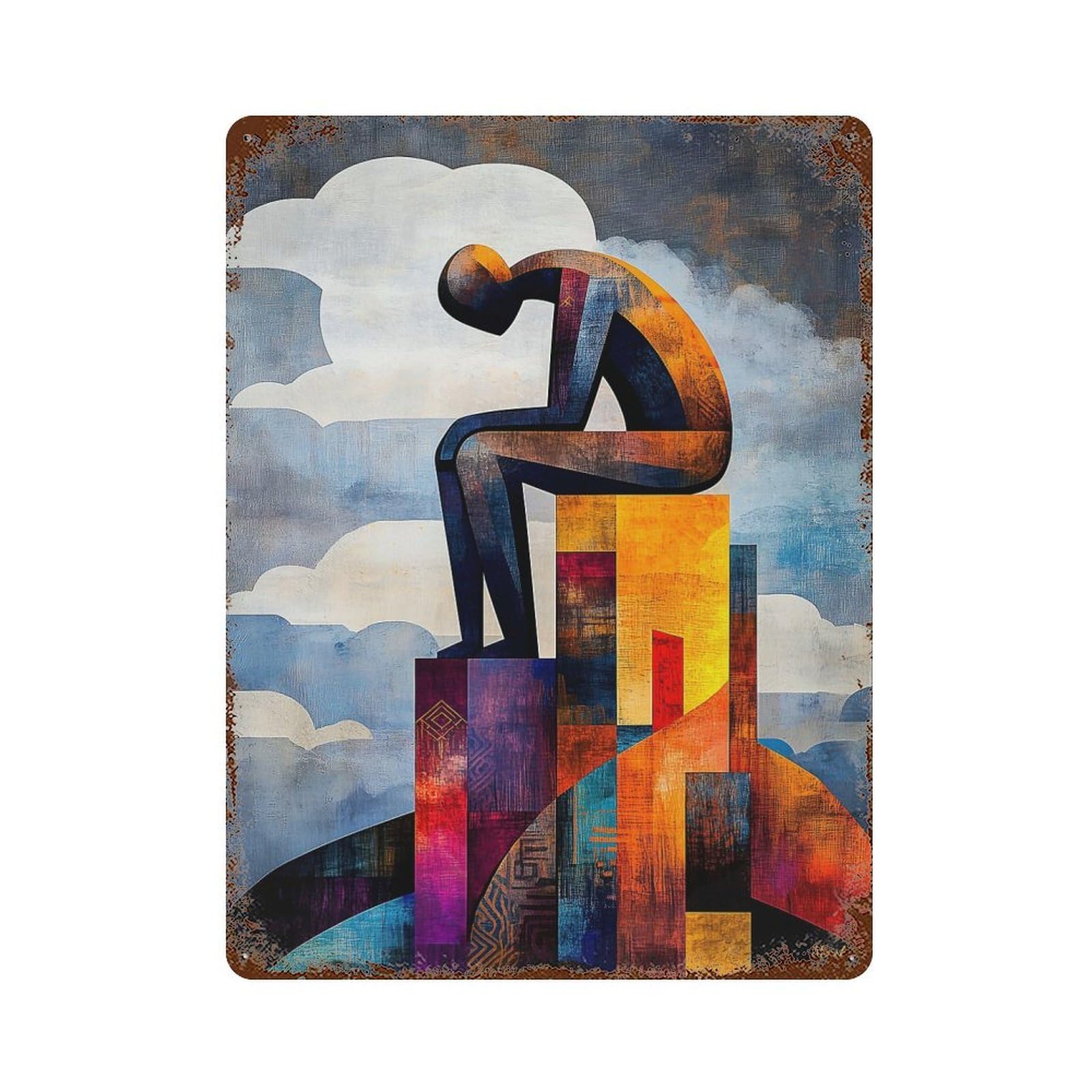 Modern Cubist Vision of The Thinker Rustic Tin Plaque 15.7"x11.8", Industrial Home Decor for Pub, Kitchen And Man Cave Decor