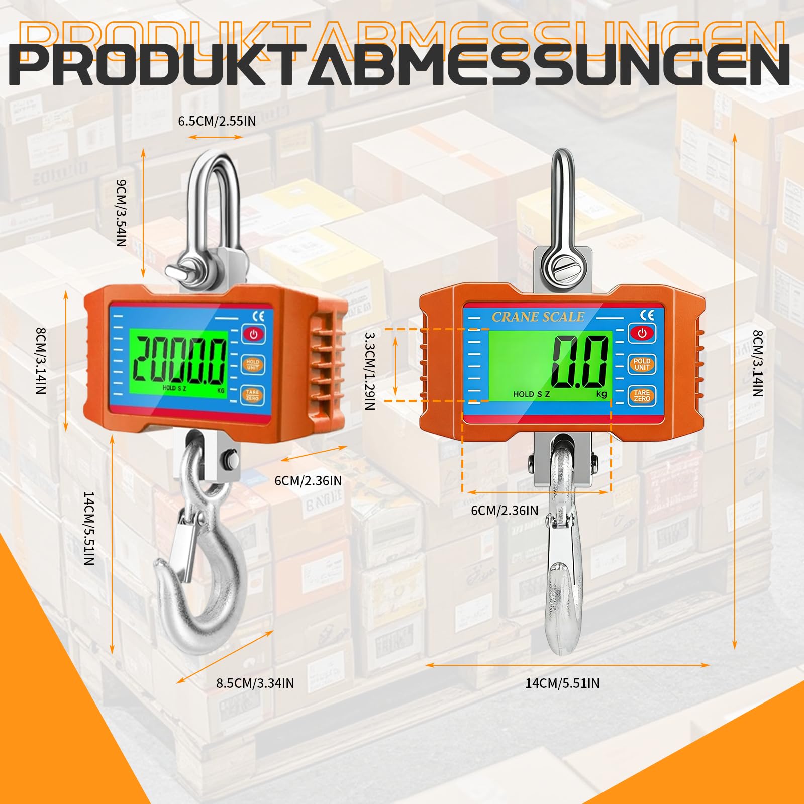 Kranwaage 2000kg/4000lbs, Digitale Hängewaage, Crane Scale Digital, Digitale Schwere Industrie Hängende Waage, Elektronische Zugwaage mit Sensor und LCD-Anzeige für Bauernhof(Ohne Batterie)