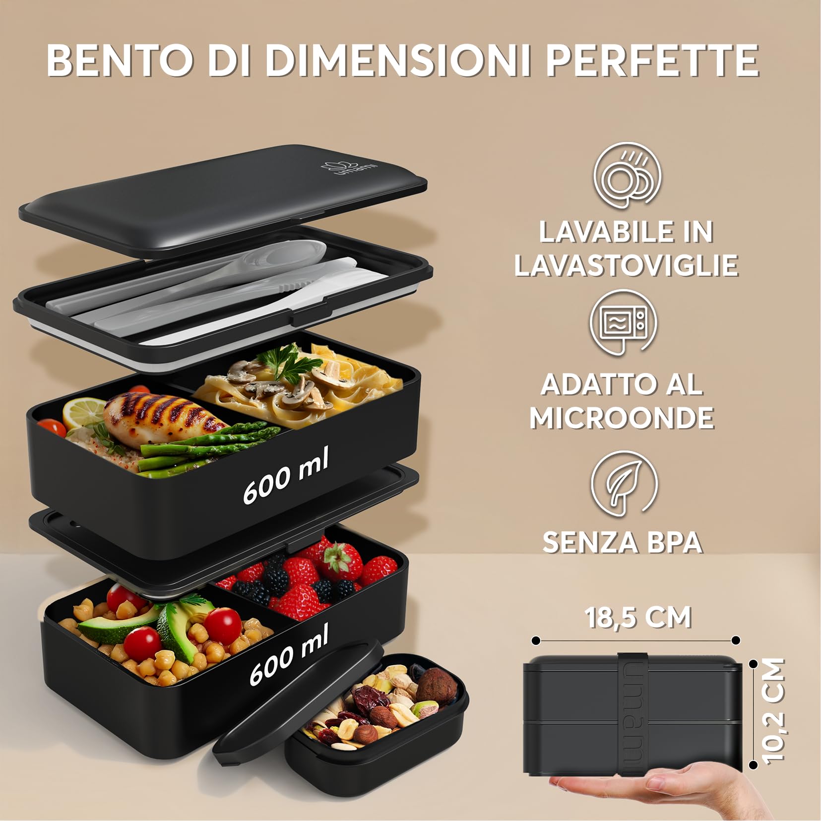 Umami Porta Pranzo, Sicuro per Microonde, Lavastoviglie, Portapranzo Ufficio, Bento Lunchbox Prova di Perdite per Adulti, Nero Opaco, 1200 ml