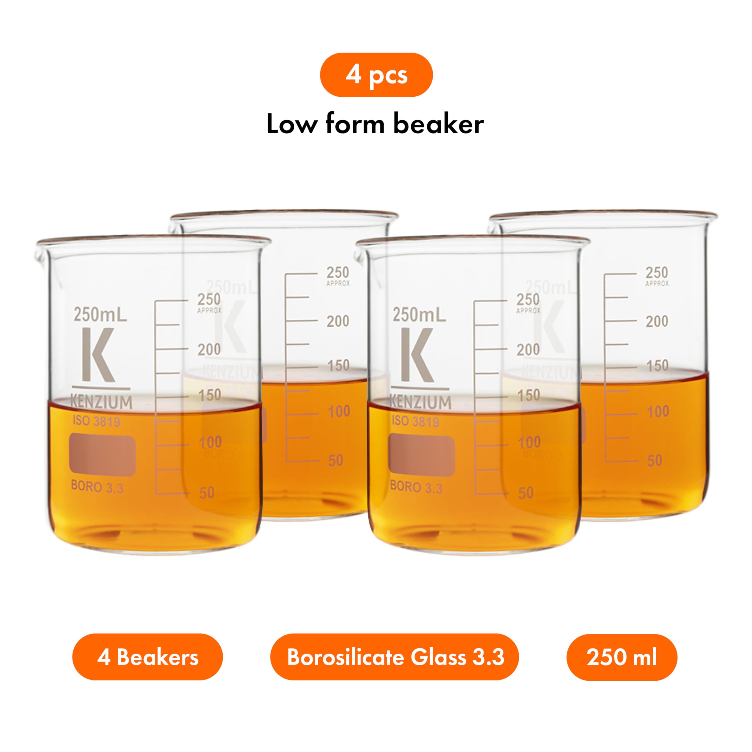 KENZIUM - Pack 4 vasos vasos de precipitados | Volumen: 250 ml | Vidrio borosilicato 3.3 | Forma baja | Graduado, con boquilla vertedera, para todo tipo de muestras | Alta resistencia, autoclavable