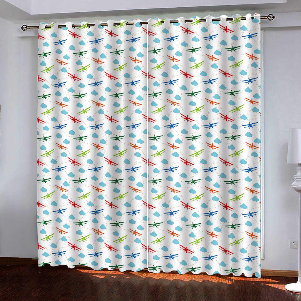 Rideaux occultants opaques à oeillets pour chambre enfant | 2 pièces de 140x290 cm motif avion