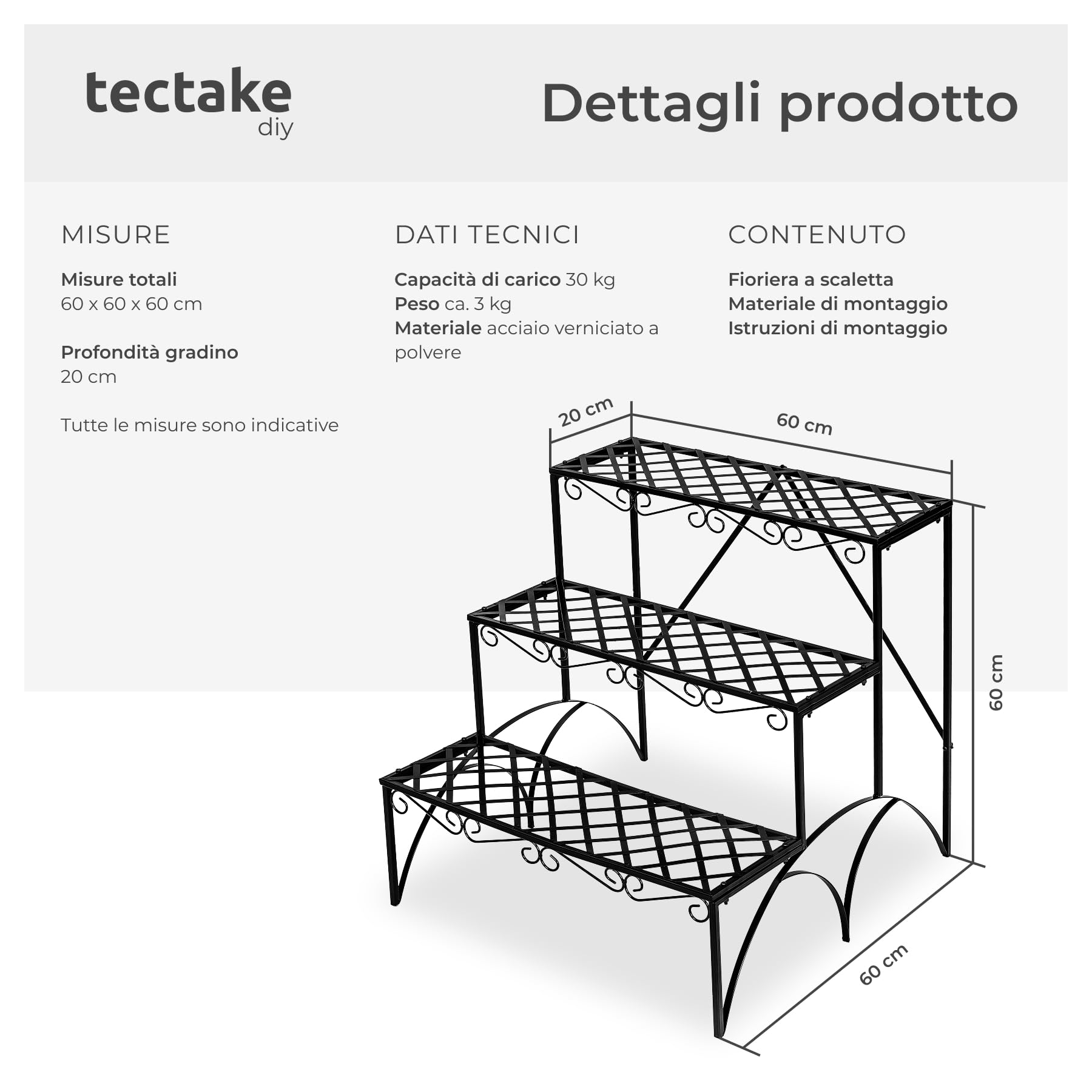 tectake® Fioriera Portavasi, Scala a 3 Gradini, Supporto per Piante, Struttura in Ferro, Decorativa da Esterno, Arredamento Balcone, 60x60x60 cm, Portata 30 kg