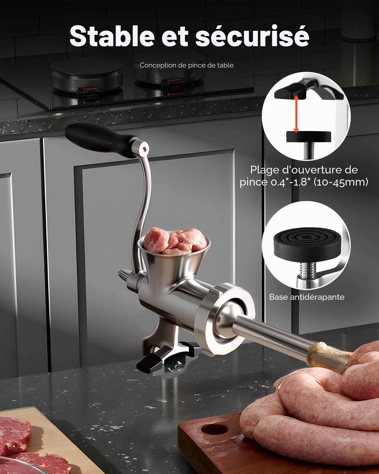 VEVOR Hachoir à Viande Manuel en Inox 304, Hachoir Manuel à Manivelle avec Serre-joint de Table, Poussoir à Saucisses avec 2 Plaques de Broyage et Tube à Saucisses, pour Bœuf Chili Porc, Boucherie