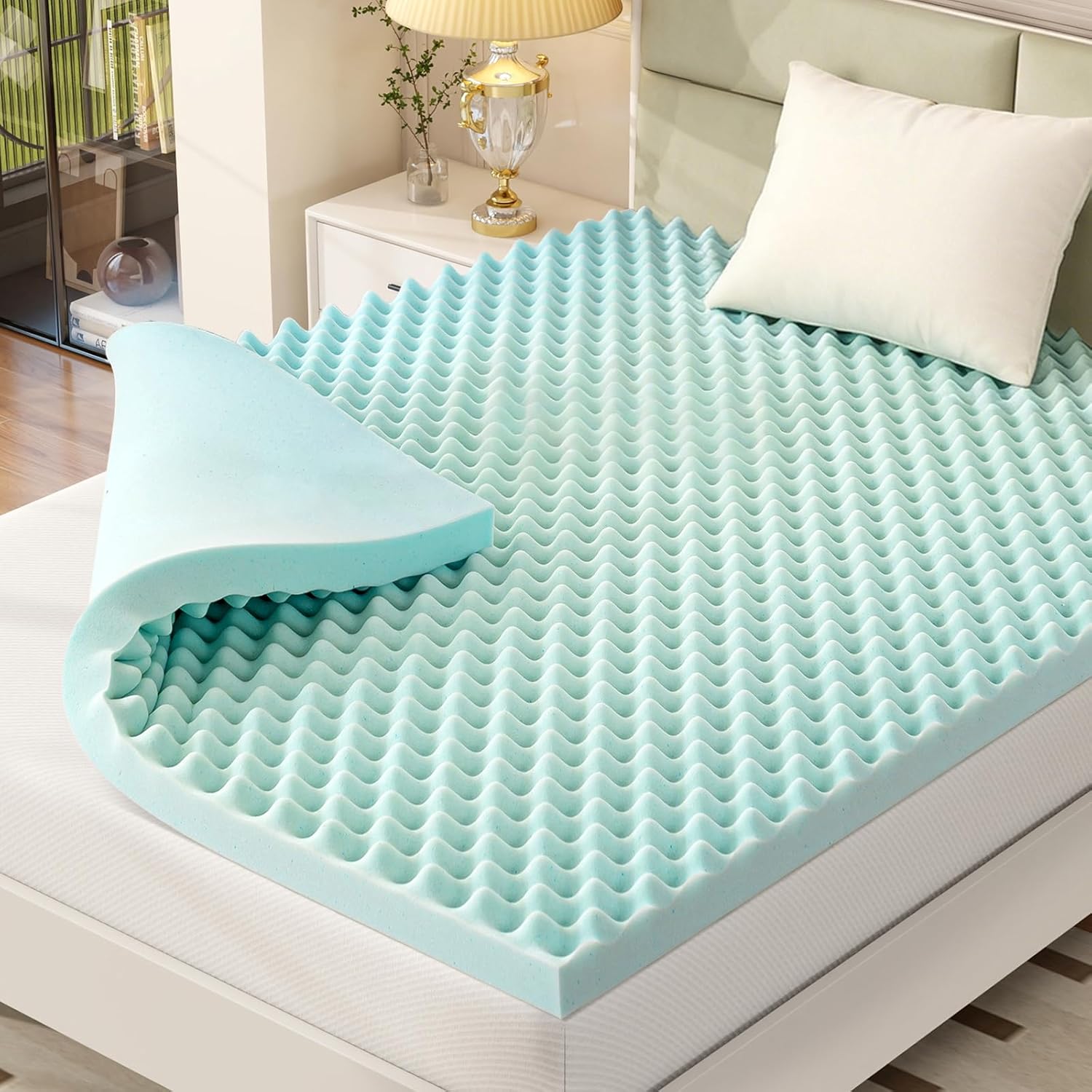 2 Inch King Mattress Topper, Cooling Gel Memory Foam Bed Topper, Egg Crate Convoluted Design for Pressure Relief & Airflow, CertiPUR-US Certified Foam Pad for Dorm, RV, Sleeping Better