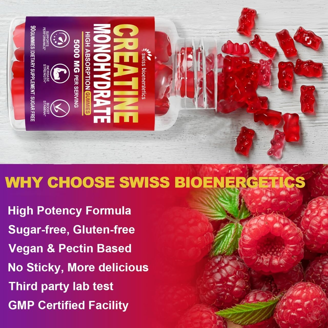 Creatine Monohydrate Gummies Infused with 5g Creatine for Men and Women, Chewable Creatine Monohydrate for Muscle Strength, Muscle Builder, Energy Boost, Pre-Workout Supplement- 180 Raspberry Gummies