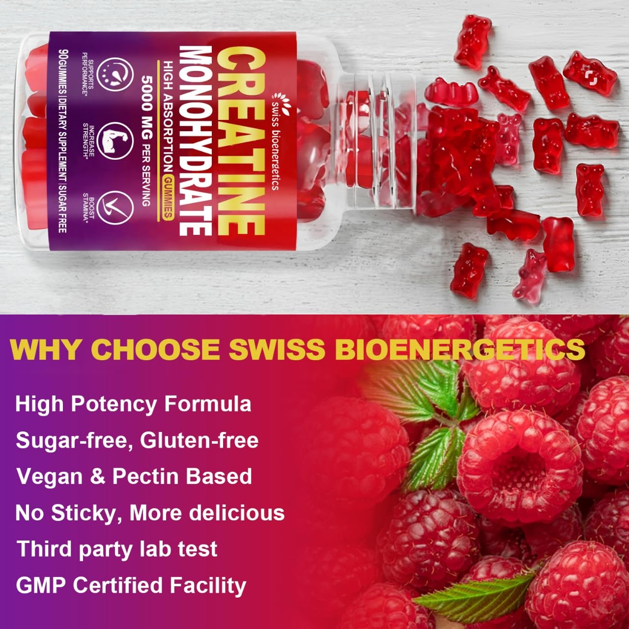 swiss bioenergetics Creatine Monohydrate Gummies Infused with 5g Creatine for Men and Women, Chewable Creatine Monohydrate, 90 Raspberry Flavor Counts Supplement Gummies (30-Day Supply) — Amazon image 4