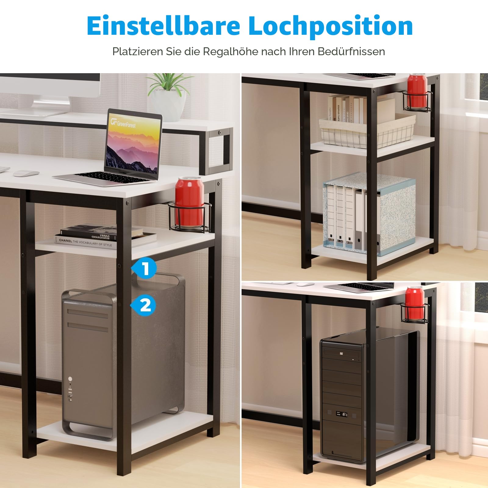 GreenForest 100 x 50 cm Schreibtisch Weiß mit Regal und Monitorständer, Kleiner Sekretär Schreibtisch Weiss, Bürotisch für Home Office, Weiß