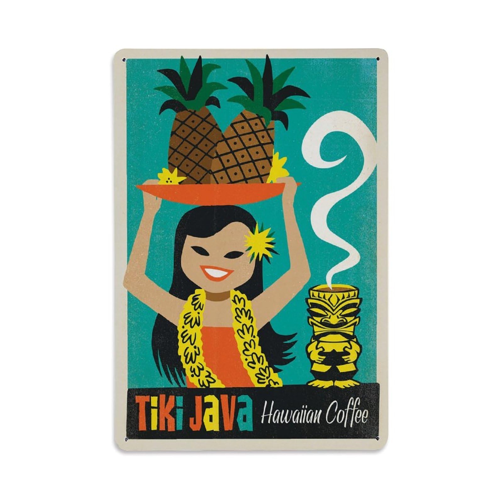 Vintage Poster Tiki Java Hawaiian Coffee Metal Tin Sign Wall Decor for Cafe, Club, Garden Metal Poster 8x12Inch