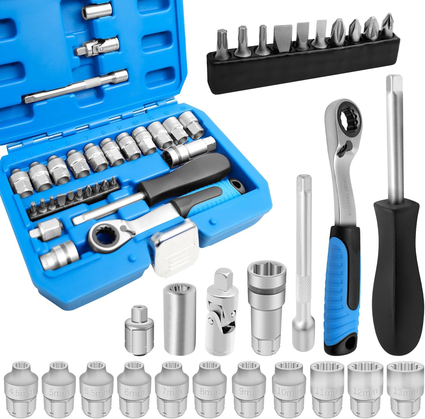 29PCS Pass Through Socket Set, 1/4 Inch Drive Impact Master Socket Wrench Kit, Ratchet Set With Universal Joint, Deep Socket Set, Low Profile Go-Through Socket Srench Set