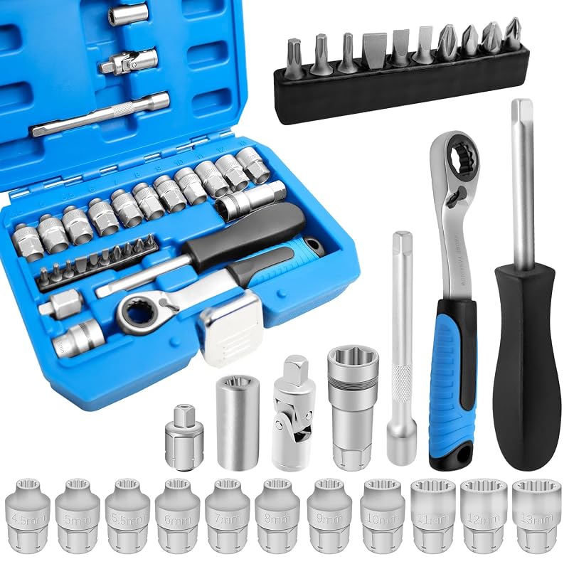 Kit de Soquetes Passantes JEUCLEL com Catraca Reversível de 6,35 mm, 29 Peças