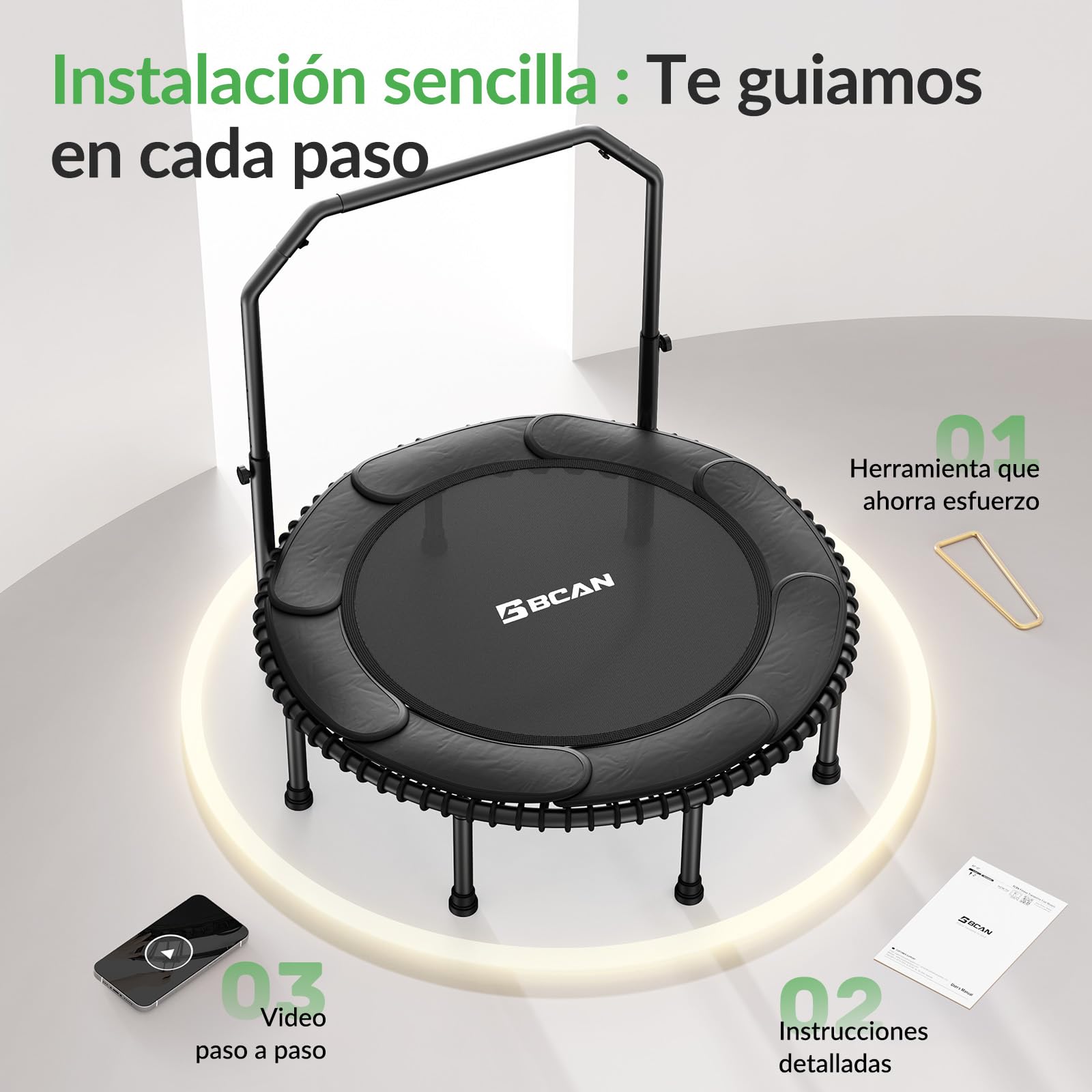 Cama elástica BCAN de 102/122 cm para Adultos, Capacidad de Carga de 204/250 kg, con Cuerdas elásticas, Manillar Ajustable, Estable, silenciosa, para Uso Interior/Exterior.