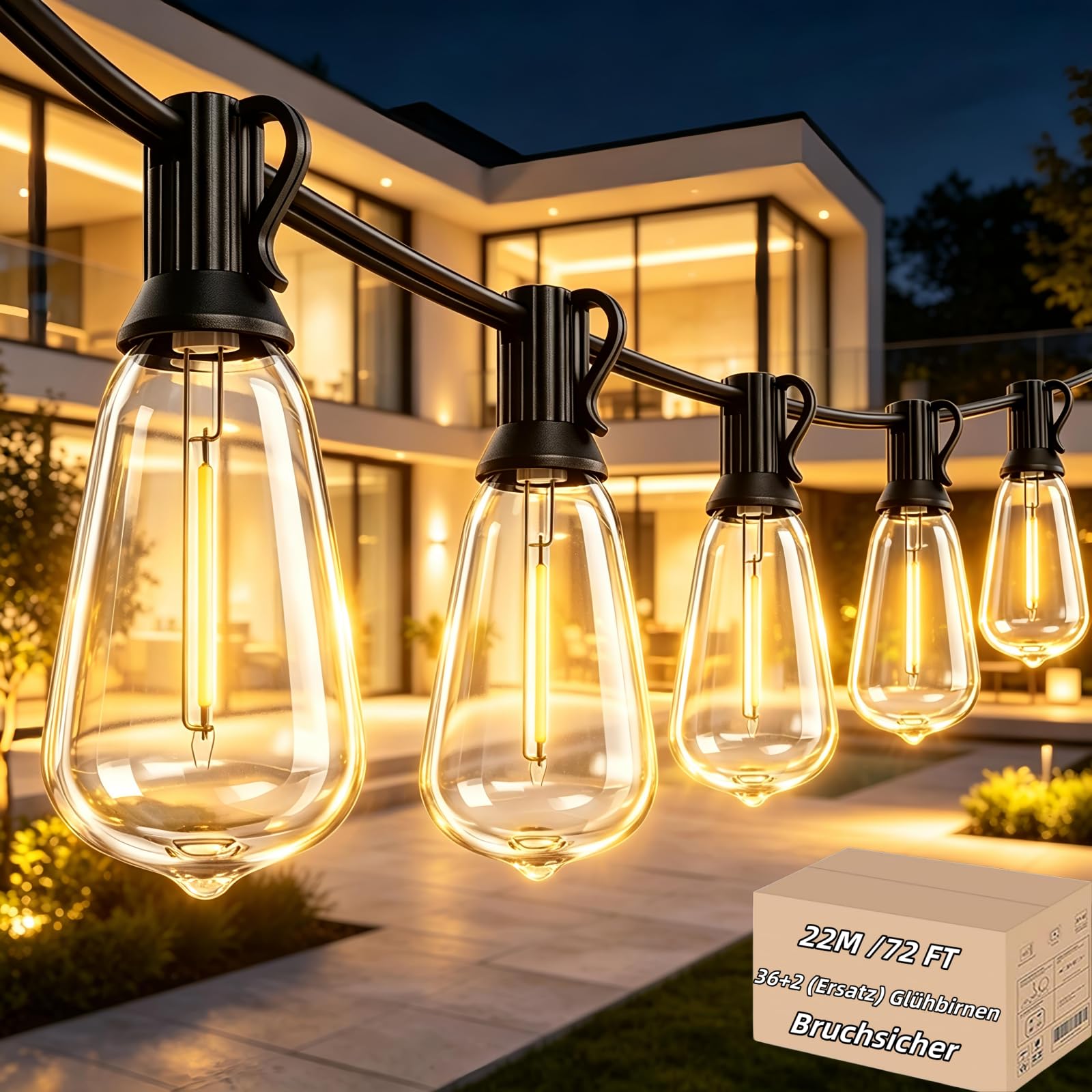AzureStar Catena luminosa da 22 m, estendibile, a LED, per esterni, con 36 + 2 IP44, impermeabile, 2700 K, ST38, 72 m, espandibile, per esterni, giardino, alberi, terrazze, alta