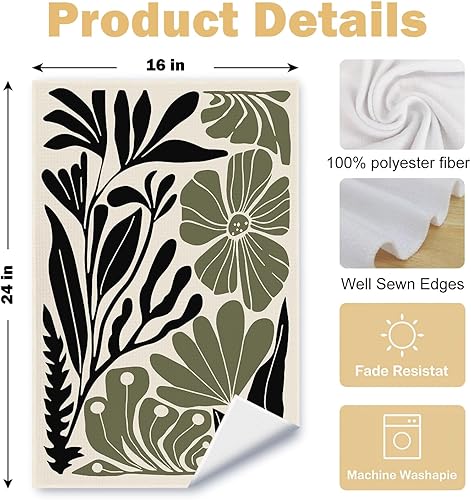 Miniatura 6 de Juego de 2 toallas de cocina florales bohemias abstractas verdes y negras, toallas de té/platos botánicas retro groovy de los años 70 para Verde y