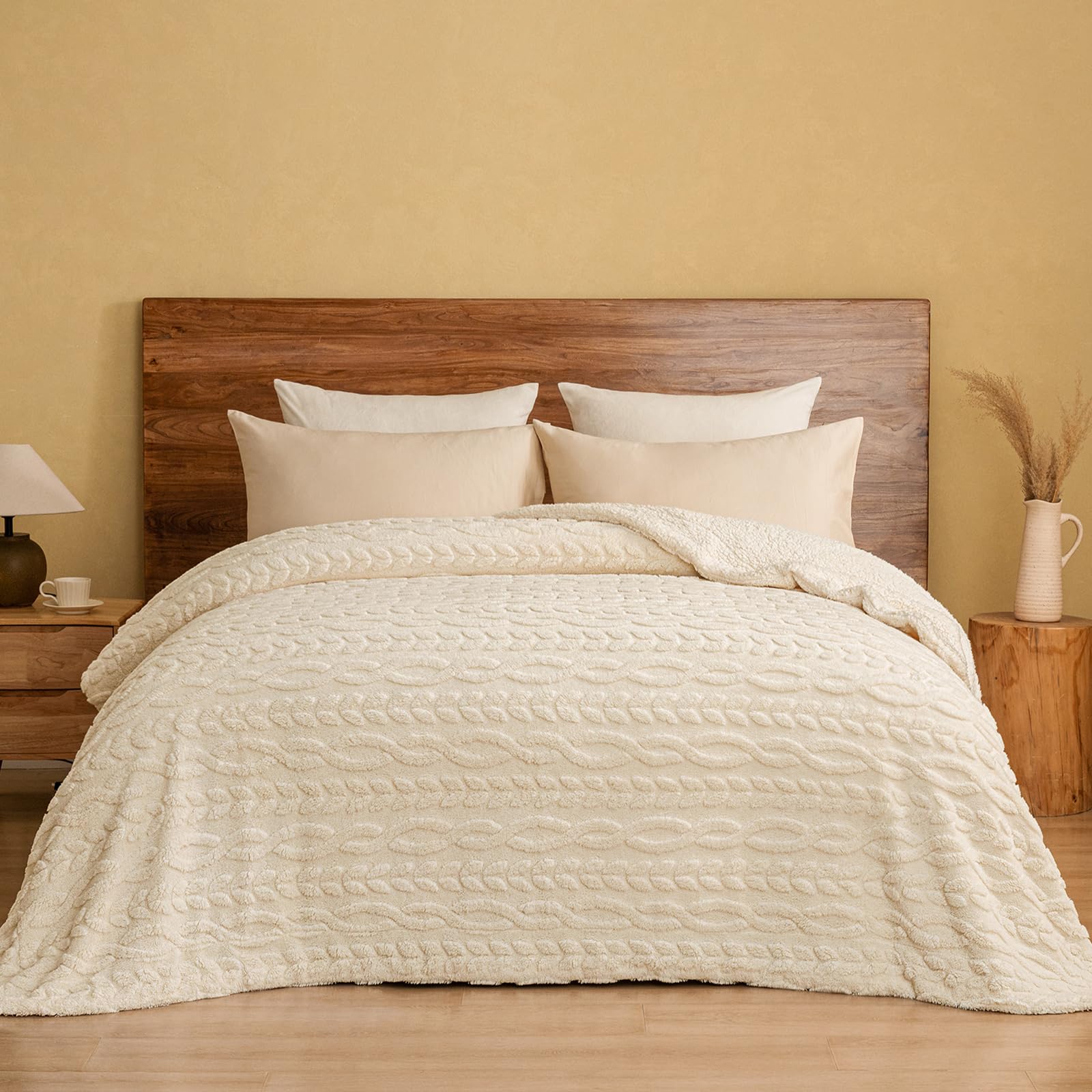 PHF Ultra Soft Sherpa Fleece Blanket King Size 108" x 90", 510GSM Fleece Lightweight Yet Warm Blanket for Winter Bed, No Shedding, No Pilling, Tufted Jacquard for Luxury Home Decor, Cream
