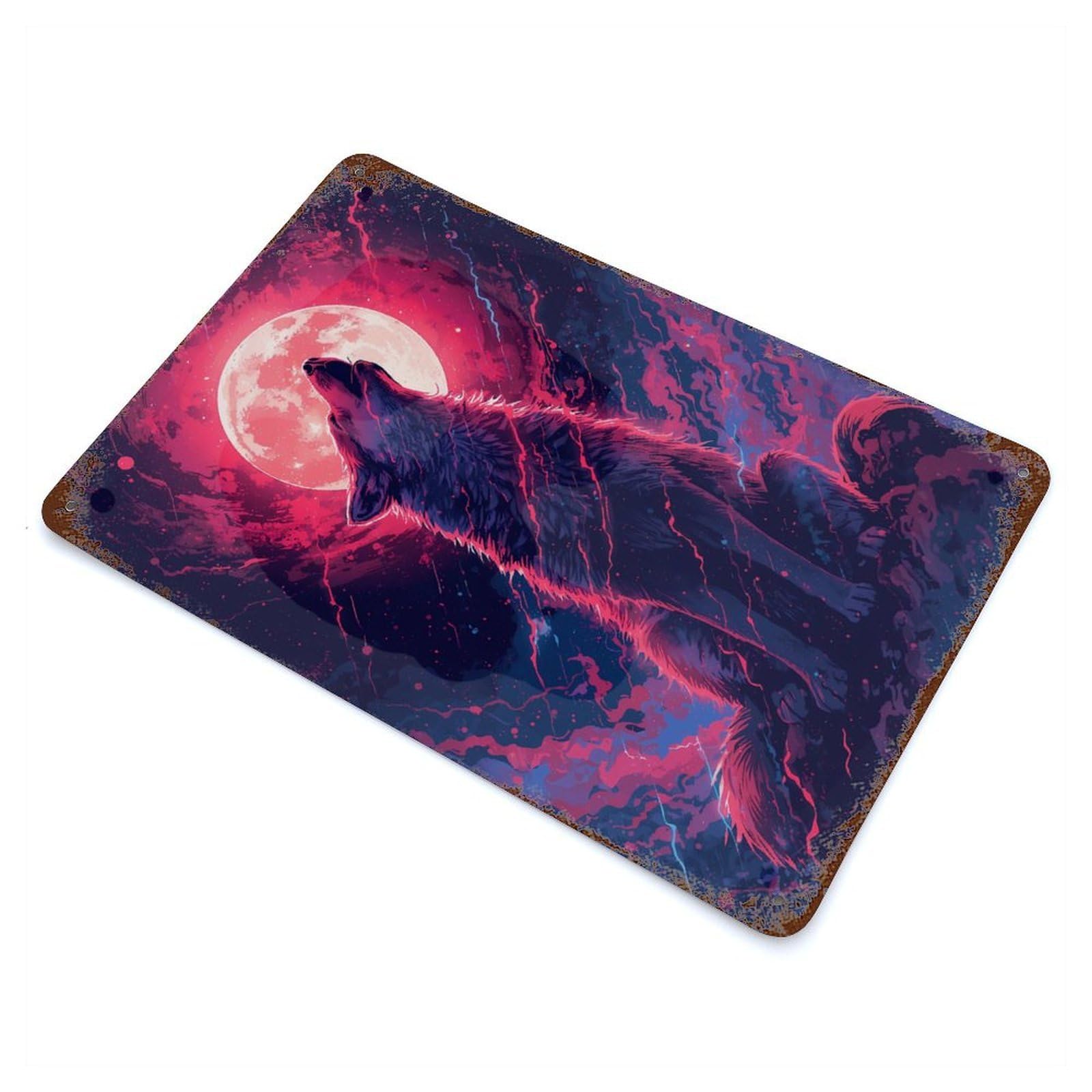 Rust Effect Wolf Howling at The Moon Aged Metal Wall Plaque 11.8"x7.9", Shabby Chic Decor for Basement, Hobby Room And Garage Decor