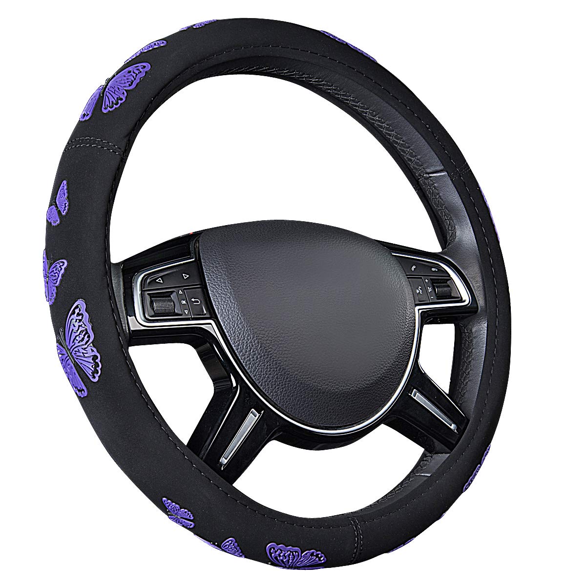 CAR PASS Butterfly Universal Steering Wheel Cover,Fit for Suvs,Vans,Trucks,Sedans,Cars(Black and Purple)