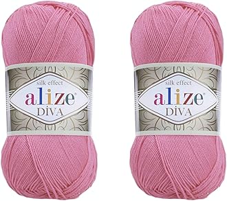 Alize Diva Yarn Hand Knitting Yarn 100% Microfiber Acrylic Yarn Alize Diva Silk Effect Thread Crochet Art Lace Craft Lot of 2 skeins 200gr 767 yds (178-Dark Pink)