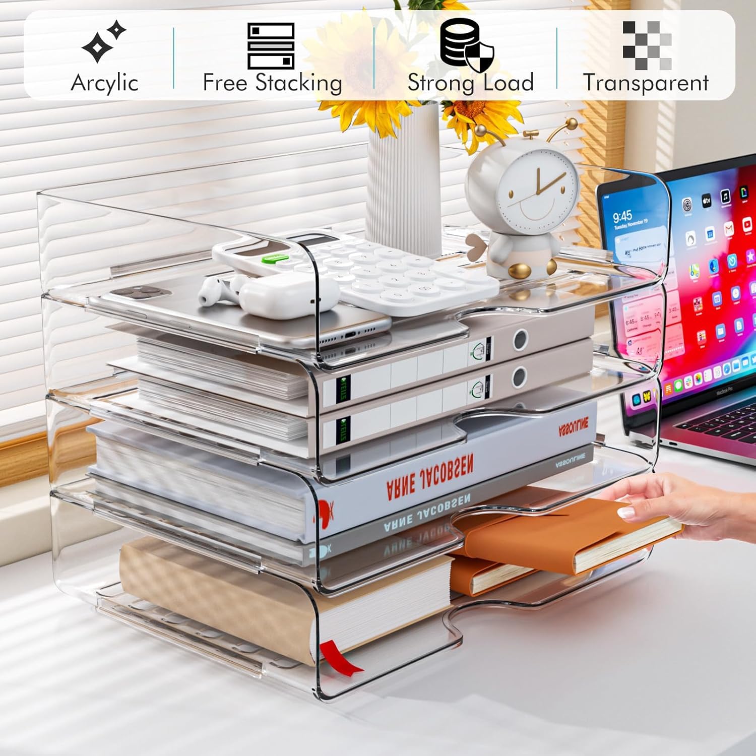LATERN 4 Stück Papier Organizer Briefablagen, Acryl Stapelbare A4-Papierablage Transparenter Dokumentenhalter Schreibtisch Organizer für Bücher Notizen Papier Zuhause Büro Schule Organisieren