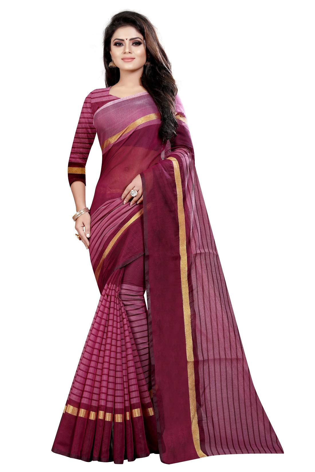 JULEE Women's Cotton Silk Striped Saree (Rustam Wine_Free Size)