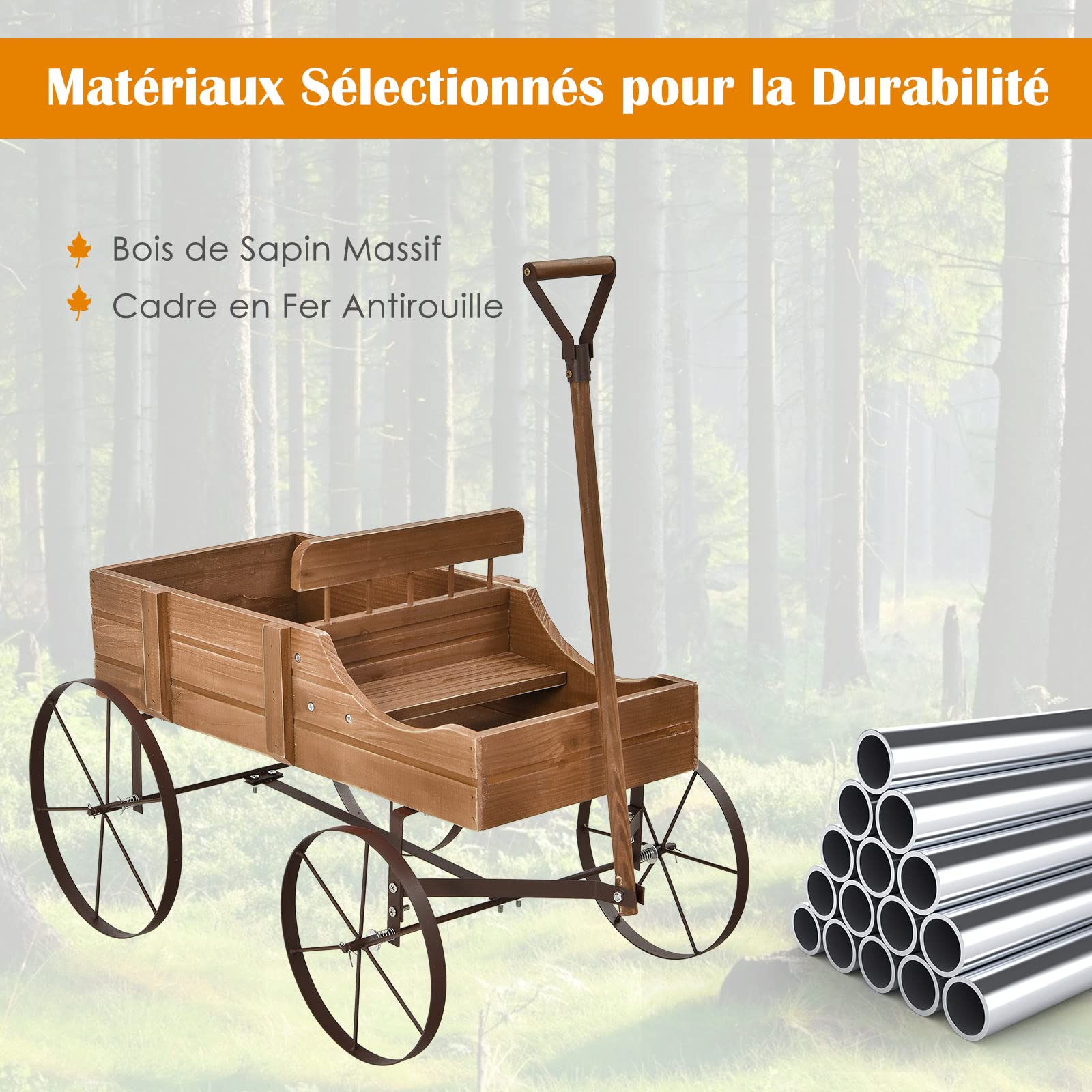 Brouette Décorative En Bois HOMASIS Pour Plantes - Avec Roue Et 9 Accessoires Magnétiques (69,5x26x29,5cm)