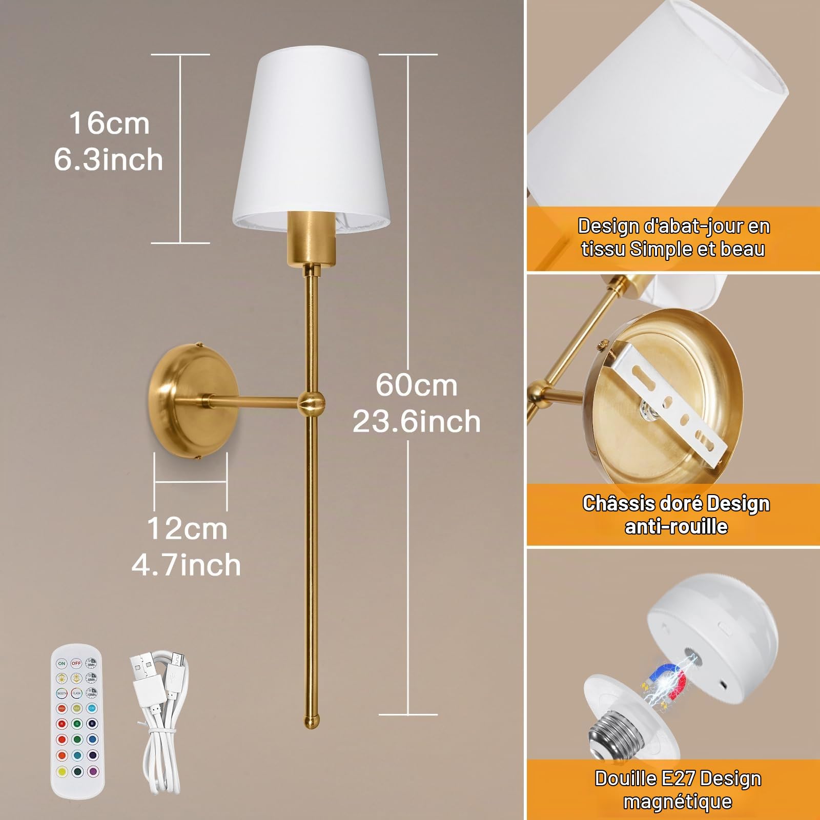 Ketom 2 Pack Lampe Murale Sans Fil Rechargeable, 12 RGB Dimmable Luminaire LED Mural à Piles, avec Télécommande, Applique Murale Interieure Vintage avec Abat-jour en Tissu Blanc, Doré