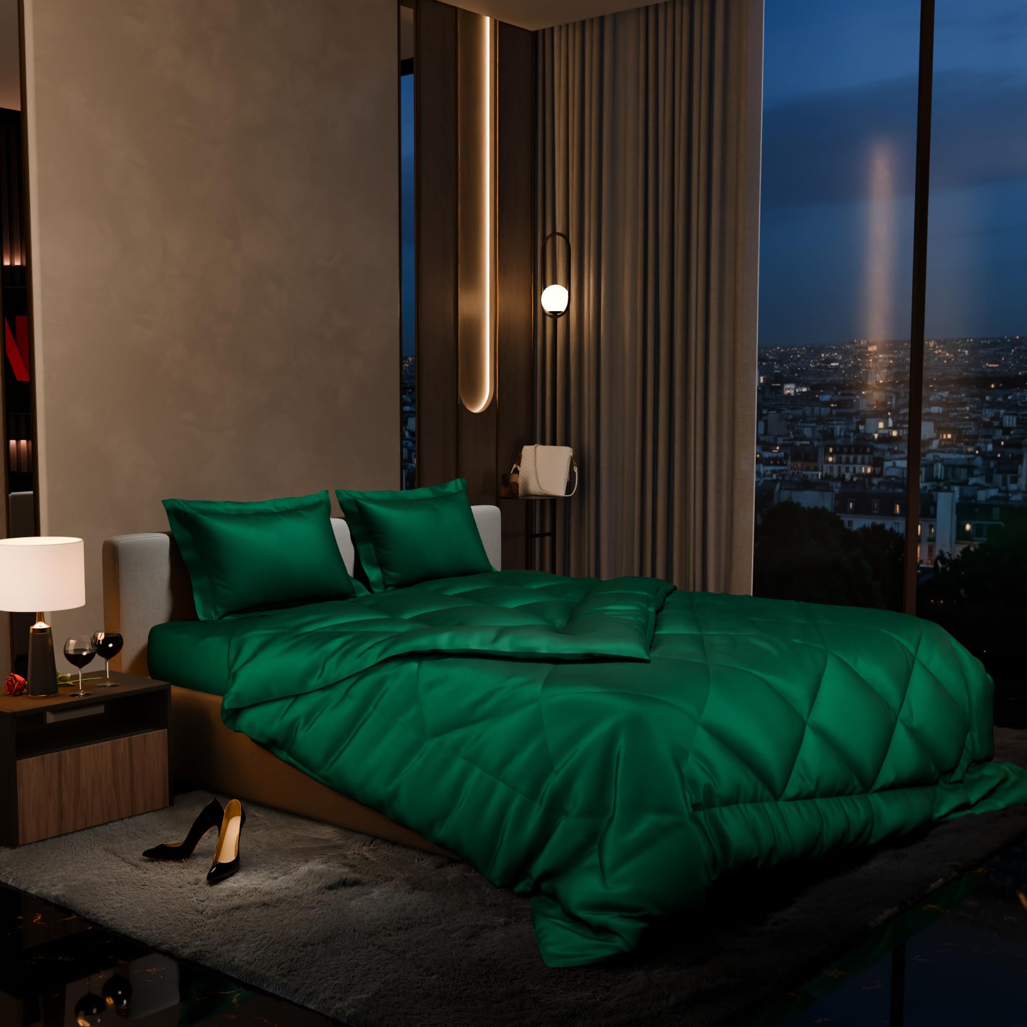 Stoa Paris Comforter Set Double Bed, 300TC Satin Double Bed Comforters, Aesthetic Home Decor, Lightweight, Breathable, Wedding, House Warming Gifts, Date Night - Emerald Green-image-15