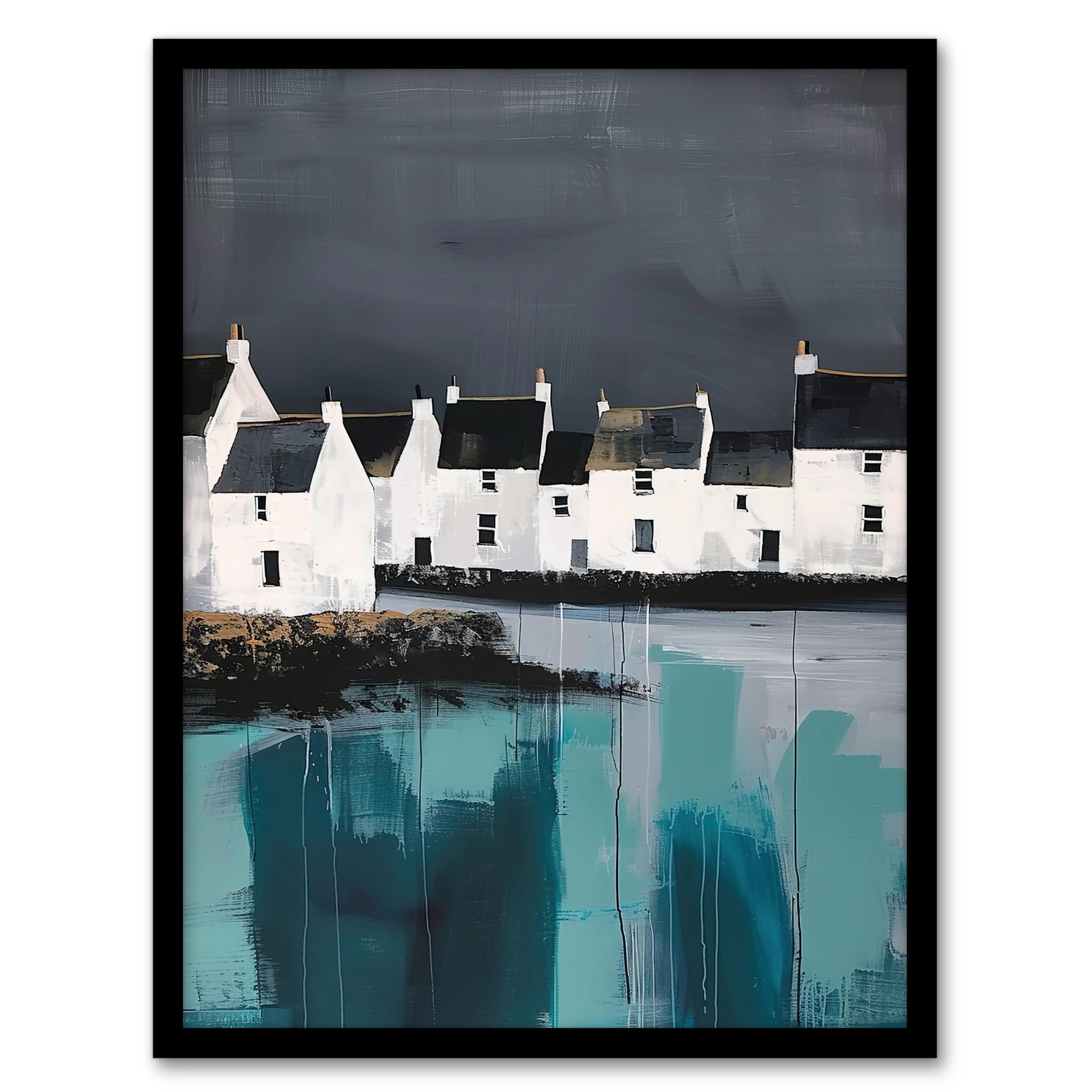 Artery8 Framed A4 Scottish Coastal Village Oil Painting Grey Sky Living Room Artwork Framed Wall Art Print A4