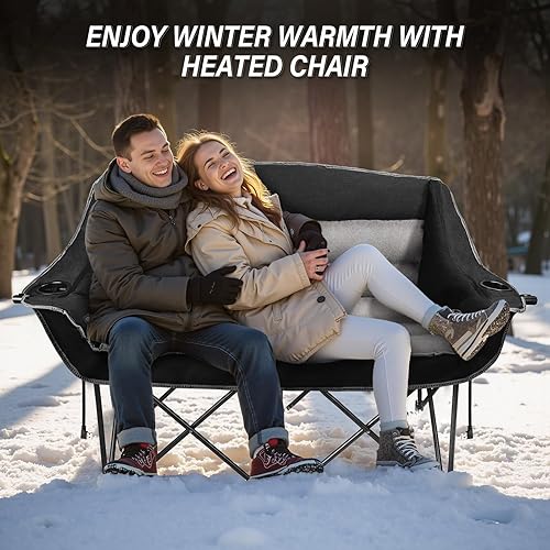 Miniatura 7 de Sillas de campamento dobles con calefacción, 3 niveles de calor acolchados y portátiles con soporte para copas de vino, soporte para tazas,