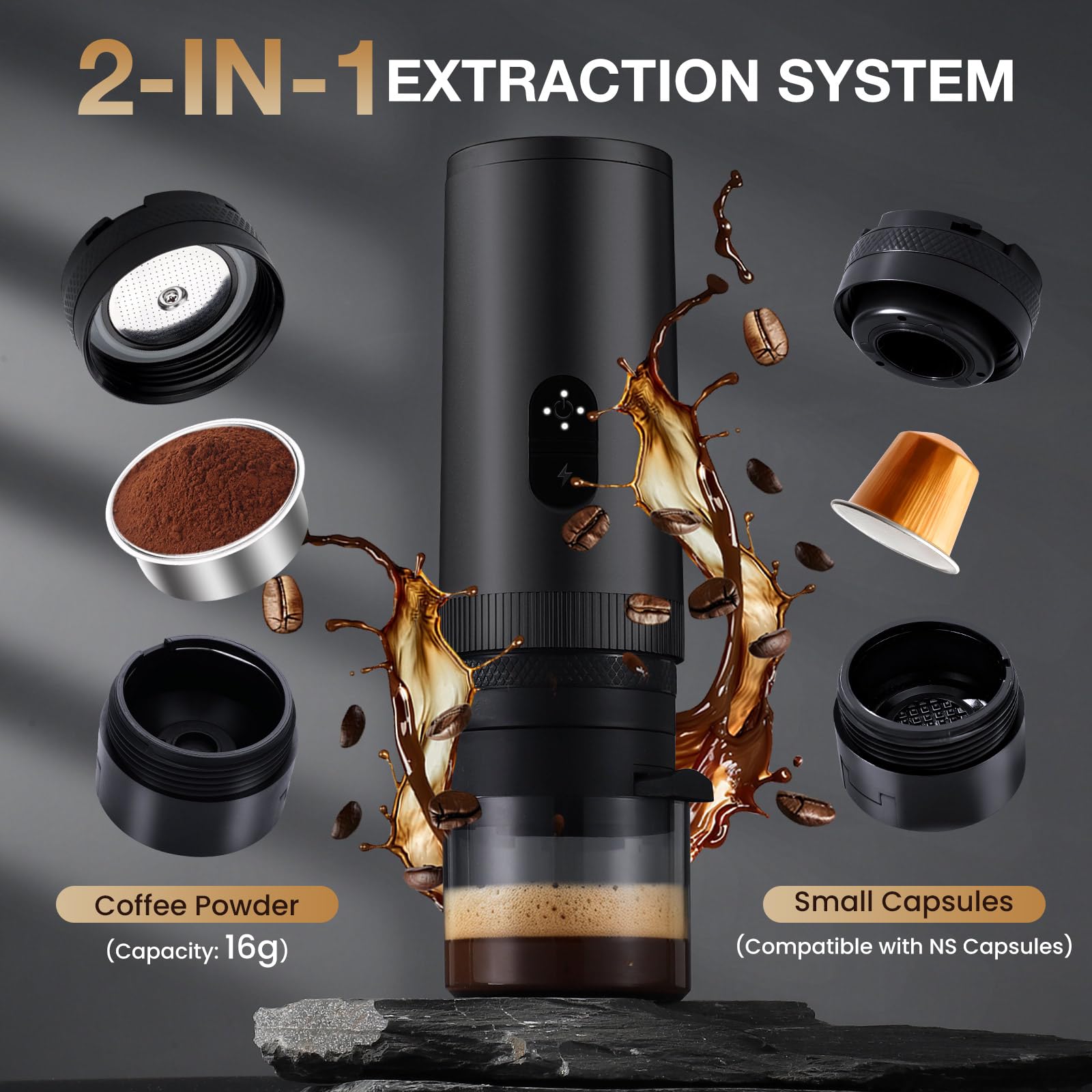 LAMA Macchina da caffè espresso elettrica, portatile, mini macchina da caffè a capsule, compatibile con capsule di caffè e caffè in polvere, riscaldamento immediato, ideale per campeggio e viaggi in