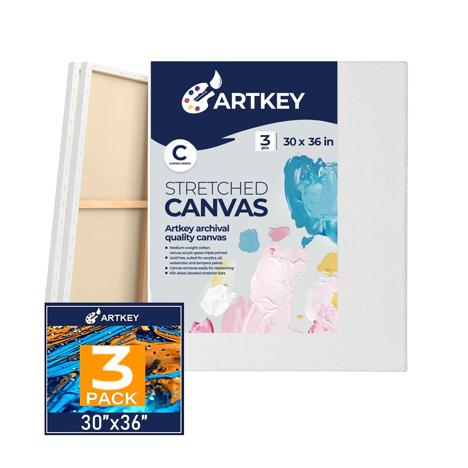Stretched Canvases for Painting 30x36 Inch 3-Pack, 12.3 oz Triple Primed Acid-Free 100% Cotton Blank Canvas, Art Canvases for Oil Paint Acrylics Pouring & Wet Art Media, Pour Painting