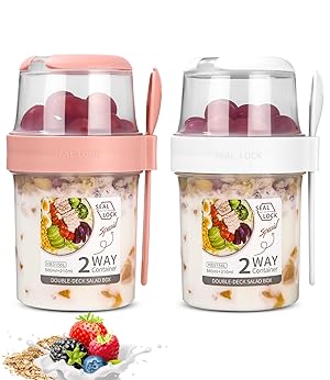 Portátil Taza de Cereales 310+560 ml, Diseño de doble sello,2 en 1 Vasos yogurtera,Puede ser reutilizado,Vaso Cereales para Llevar,Tarros yogurtera para yogur, cereales y frutas(blanco/rosa)