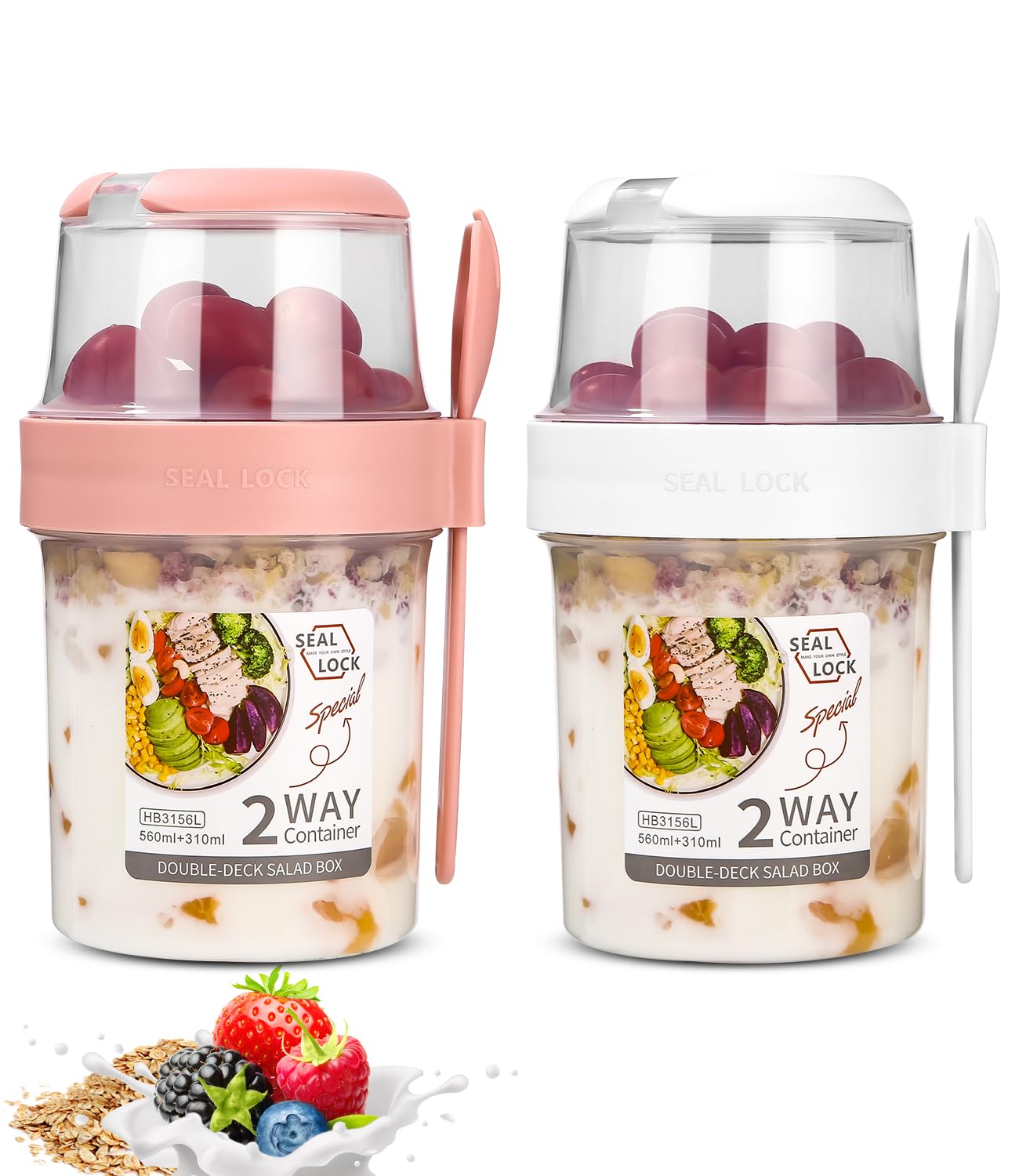 Gobelet à Céréales à Emporter - Lot De 2 Avec Cuillères - 400 Ml + 300 Ml - Étanche, Lave-vaisselle - Pour Bureau, école, Voyage