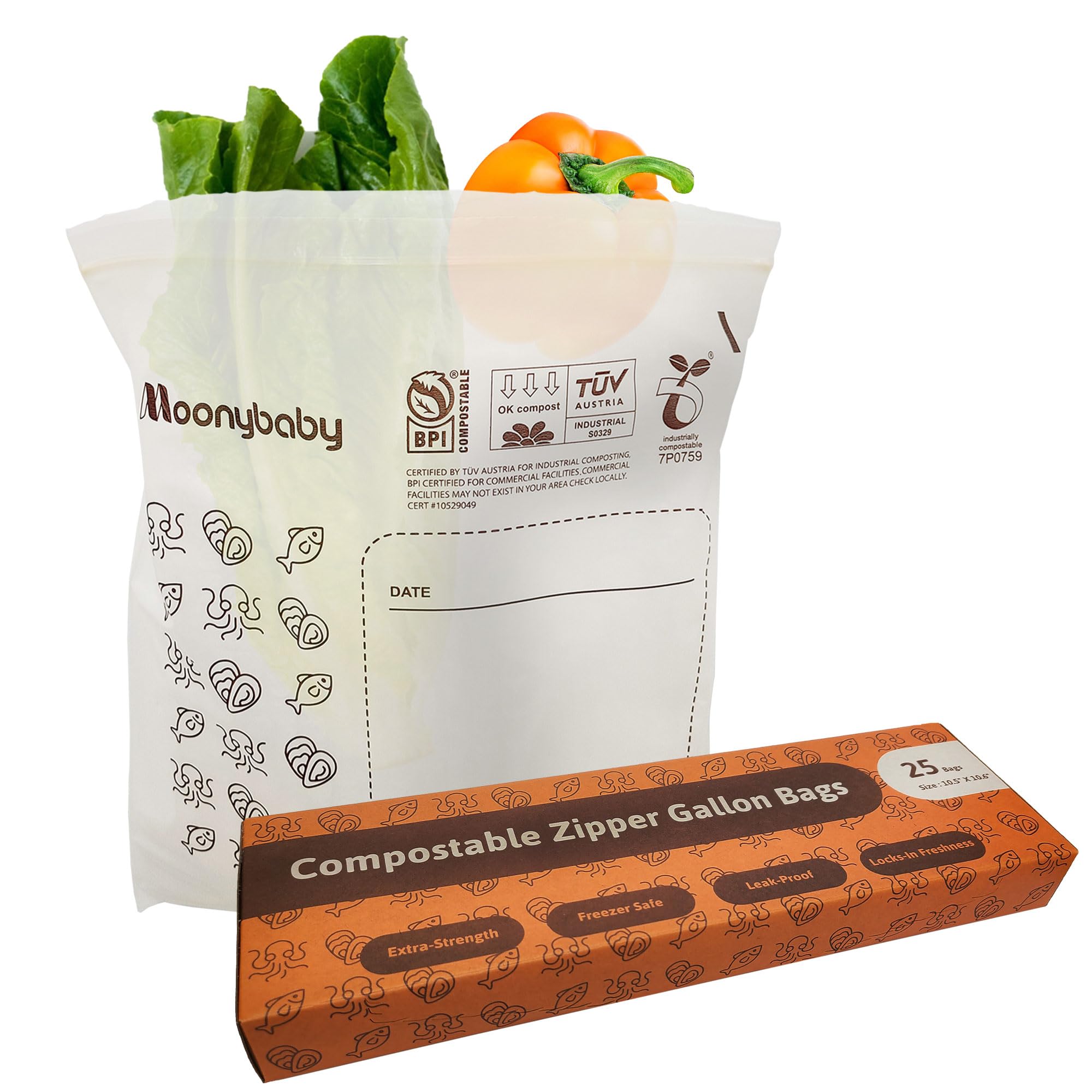 Moonybaby Compostable Gallon Size Food Storage Bags (25 Count), Organic Food Storage Container with Food-Safe Zip Seal, Freezer and Leak Proof