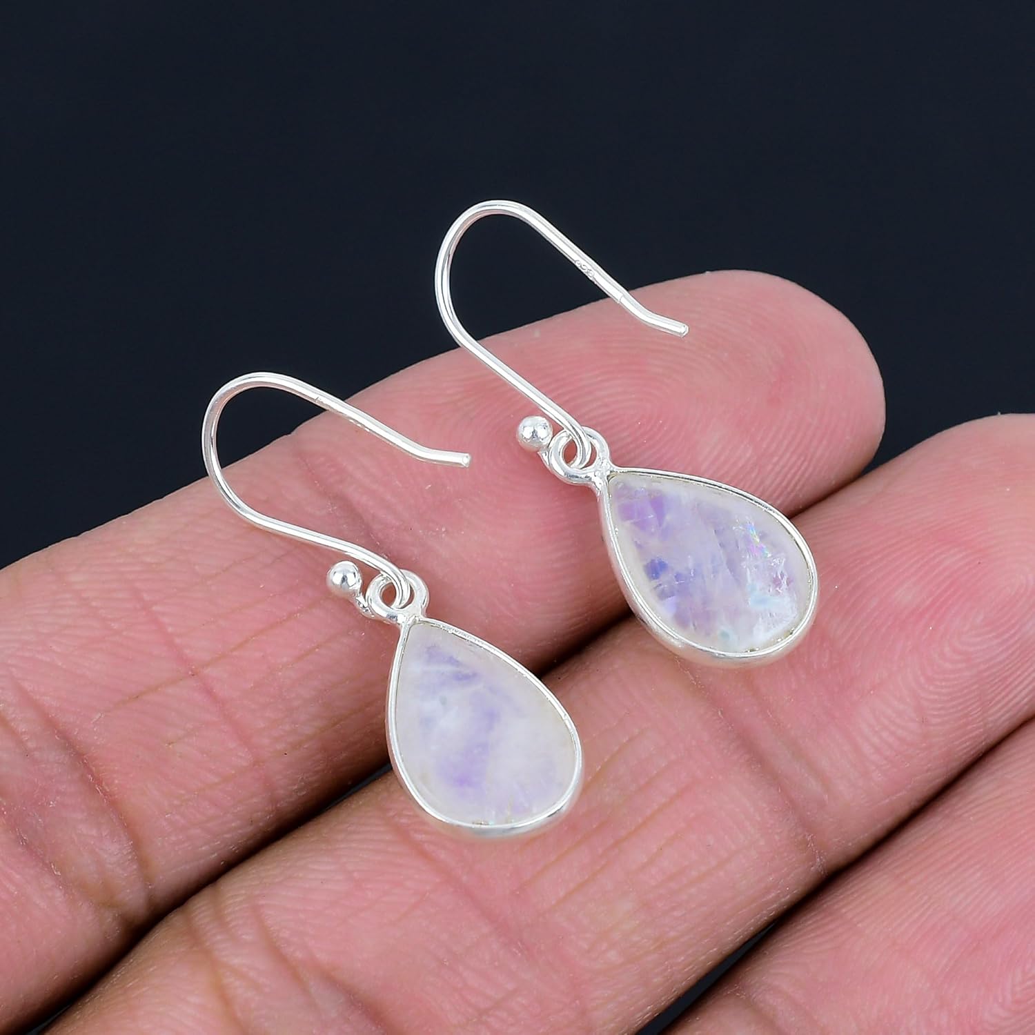 Silver Palace Sterling Silver Natural Rainbow Moonstone Drop Dangle Earrings for Womens