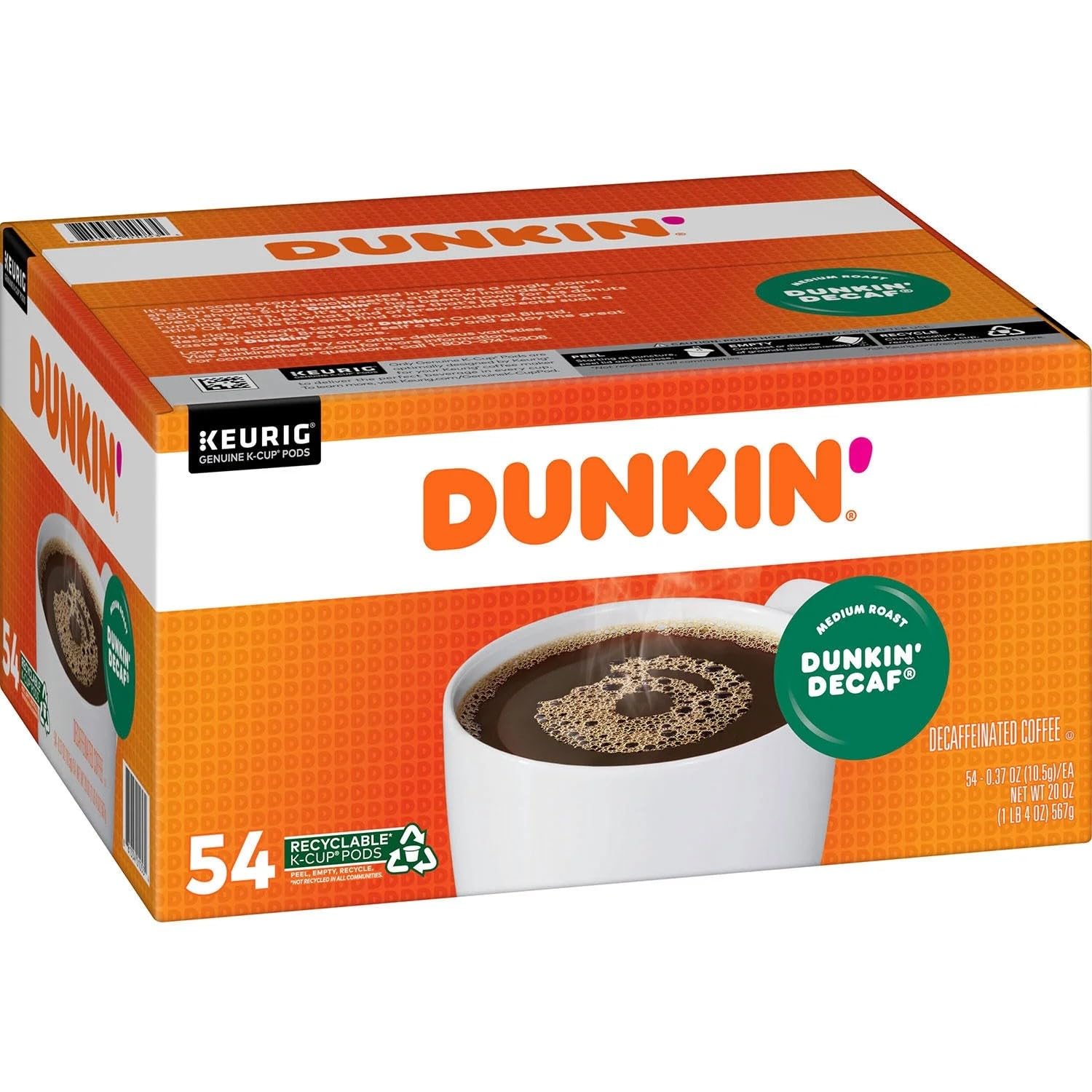 Dunkin' Donuts Original Blend Decaf K Cup Pods, 54 ct.,, 20 Oz ()