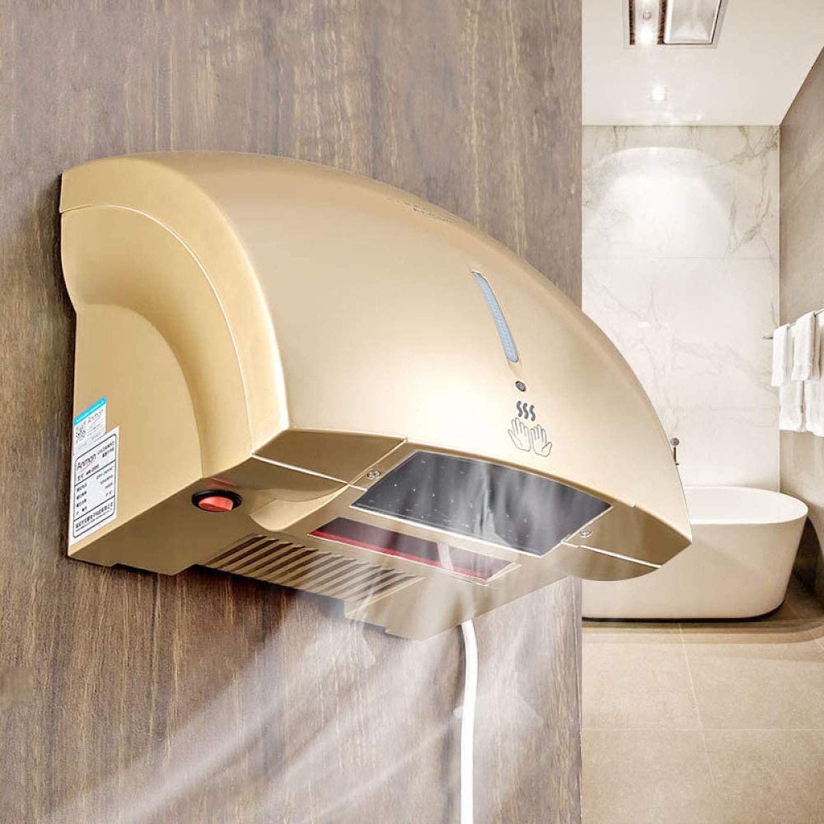 Professionale Asciugamani ad Aria Automatico Elettrico Alta velocità, a Parete, Asciugamani ad Aria in Coperchio ABS, Commerciale e Famiglia per Bagno,d'oro
