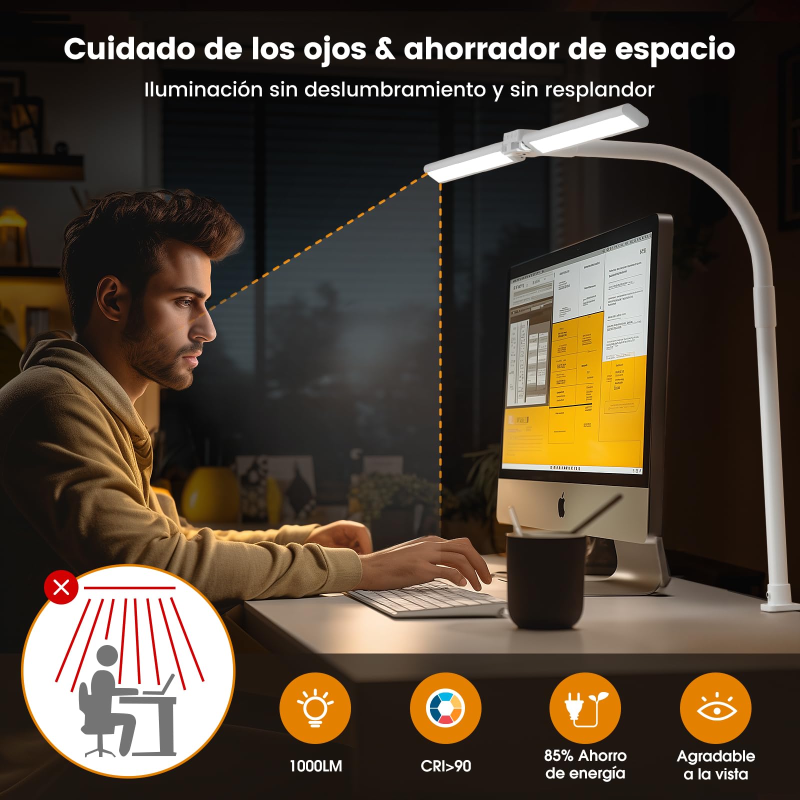 SIBRILLE Lampara Led Escritorio con Pinza, Lámpara De Escritorio Giratoria Para Ordenador Y Oficina En Casa, Lámpara De Escritorio Regulable Ajustable Con Cuello De Cisne, Doble Cabezal, Blanco