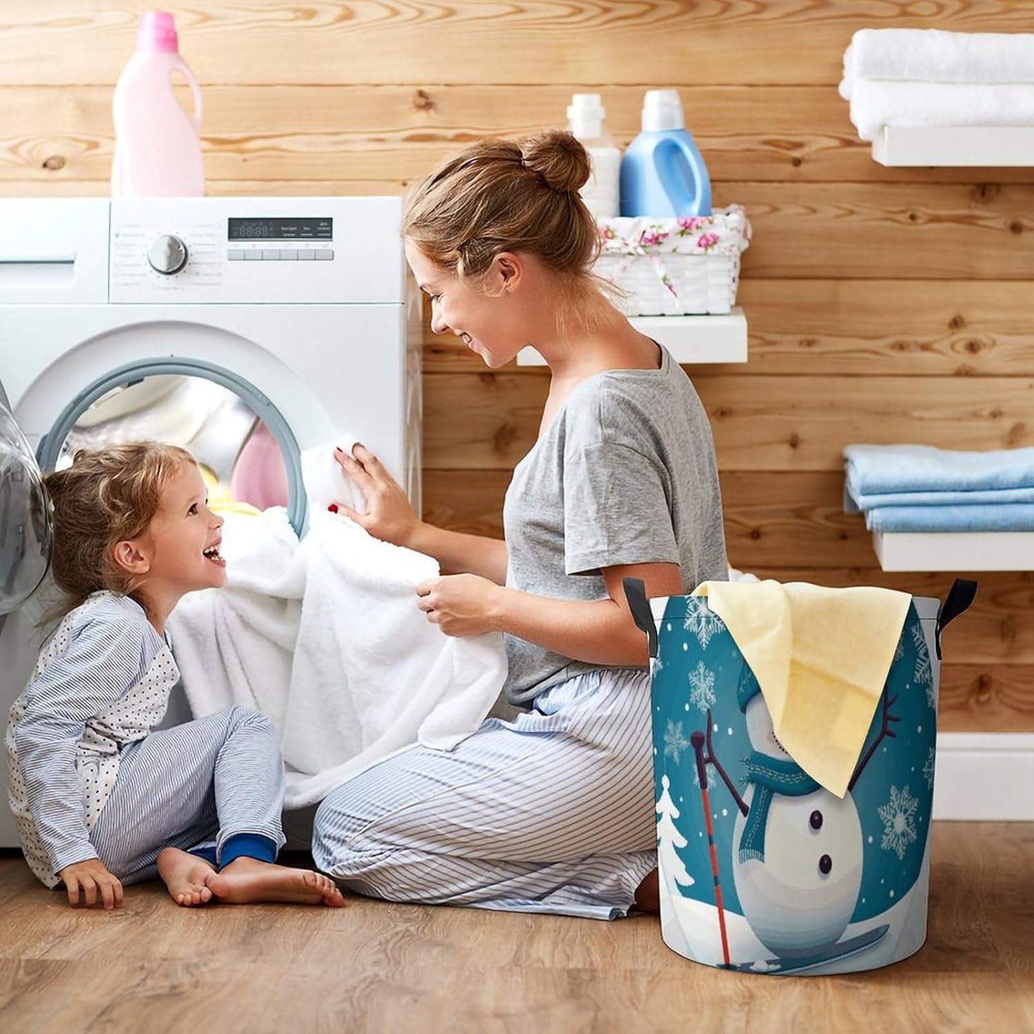 Lovely Christmas Cartoon Skiing Snowman Snowflake Laundry Basket with Lid Collapsible Waterproof Laundry Hamper Large Drawstring Clothes Hamper Storage Bin with Handles for Home Bathroom Bedroom Dorm