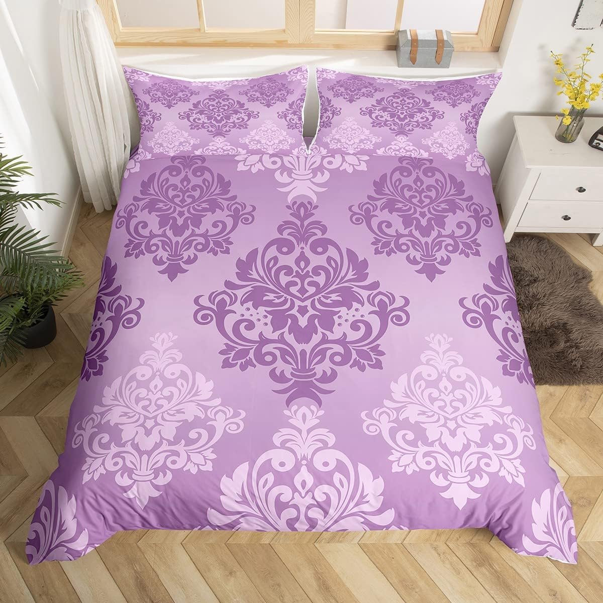 Homewish Damask Super King Duvet Cover Sets for Adults Women, Ombre Purple Baroque Floral Bedding Sets for Teens Girls, Chic Violet Medallion Printed Comforter Cover, Microfibre Bedding & Linen