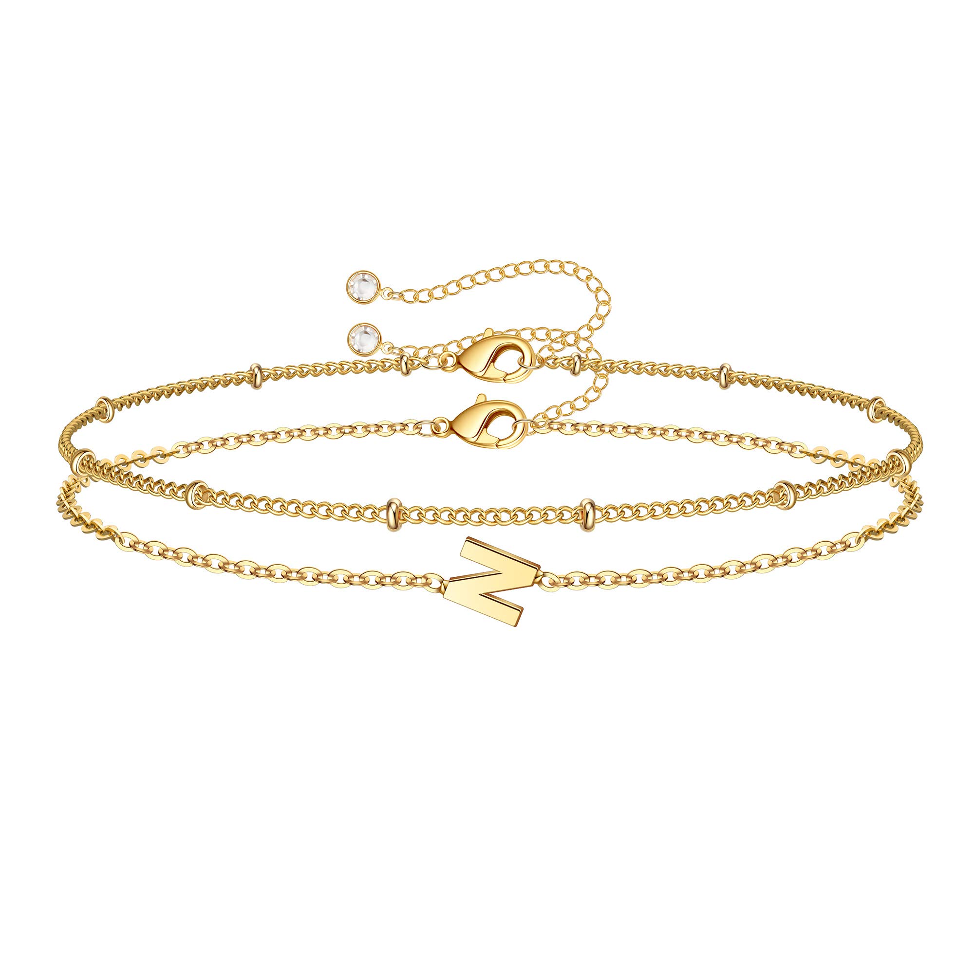 M MOOHAM Valentines Day Gifts for Her Women - Layered Initial Bracelets Gift Letter A-Z Charm, Dainty 14K Gold Plated Initial Bracelets for Women Teen
