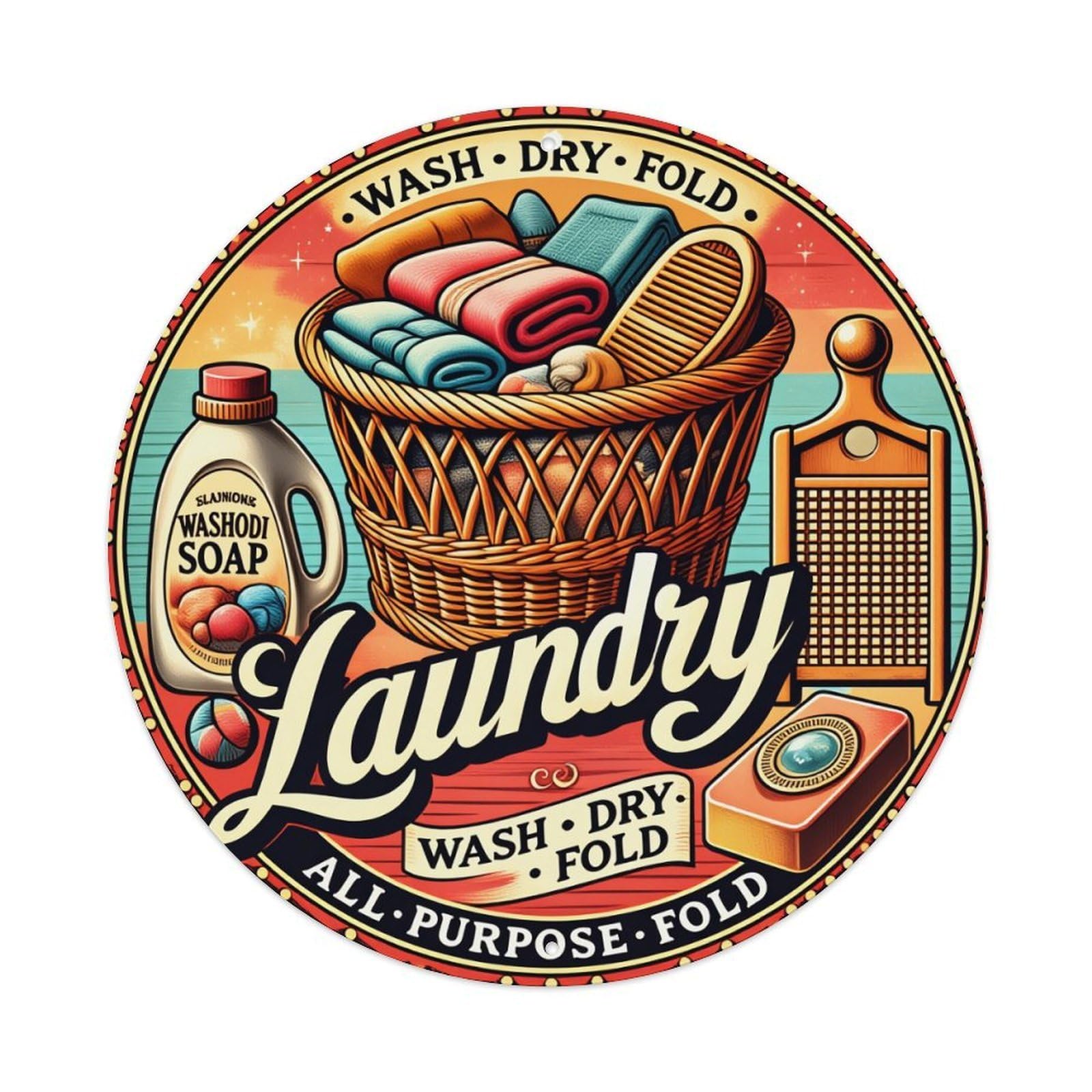 Wash Dry Fold Laundry Soap Round Tin Sign Retro Metal Sign for Cafe Bar Pub Home Game Room Gym Club Wall Decoration Vintage Metal Poster 8x8 Inch