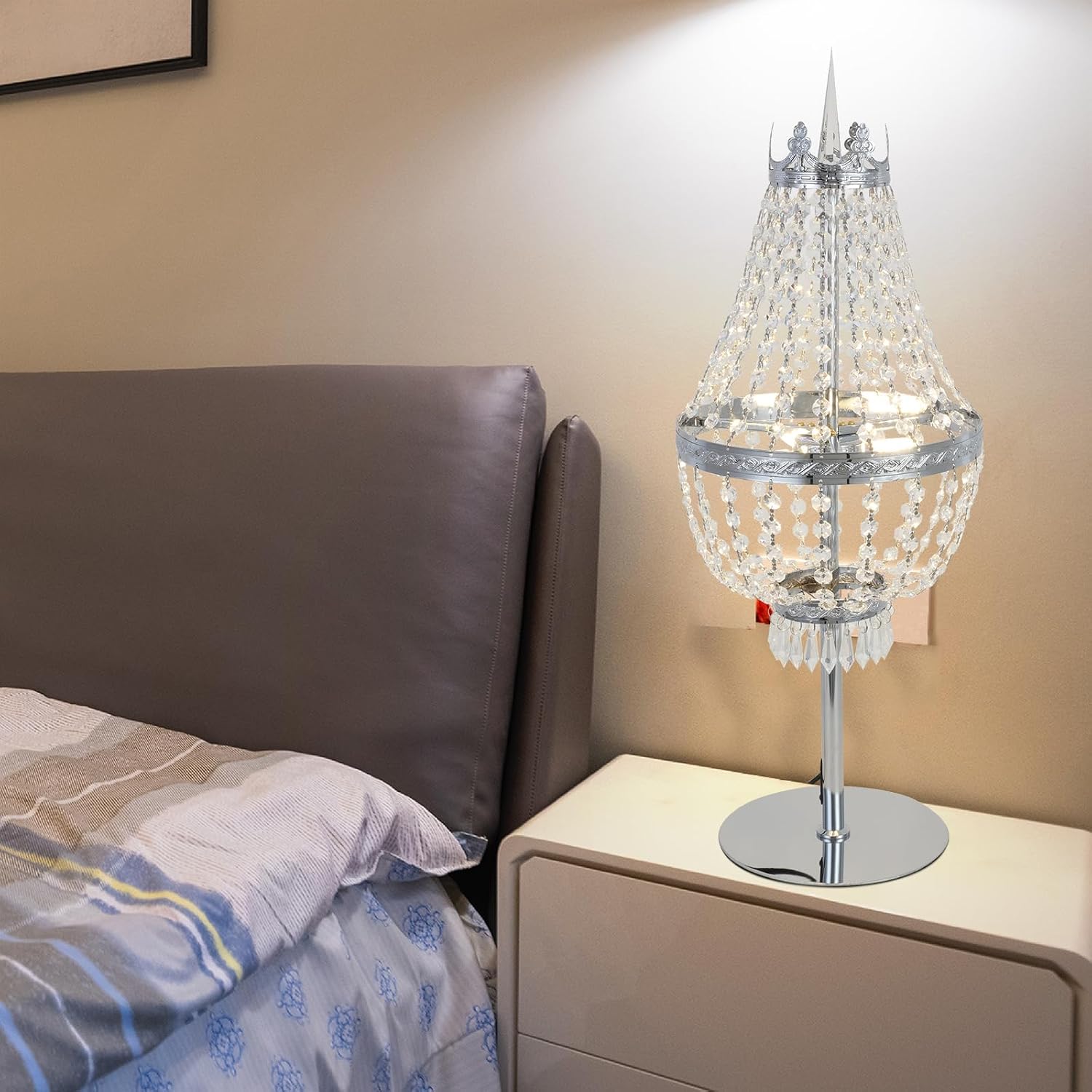 25.6in Height Clear Crystals Table Lamp for Living Room, Modern Luxurious Bedside Lamp for Bedroom Living Room Study Room Wedding Decorations (Chrome)