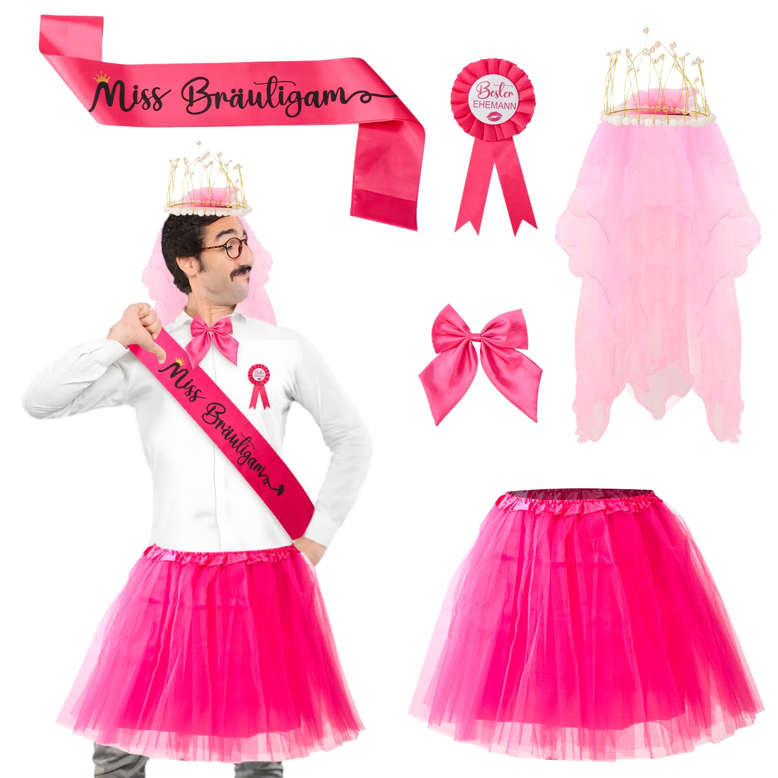YAOZUP Hombres JGA Disfraz Rojo, 5 Piezas Disfraces para Hombres JGA Conjunto, Miss Bräutigam, Disfraces Divertidos Hombres, JGA Decoración Accesorios Hombres