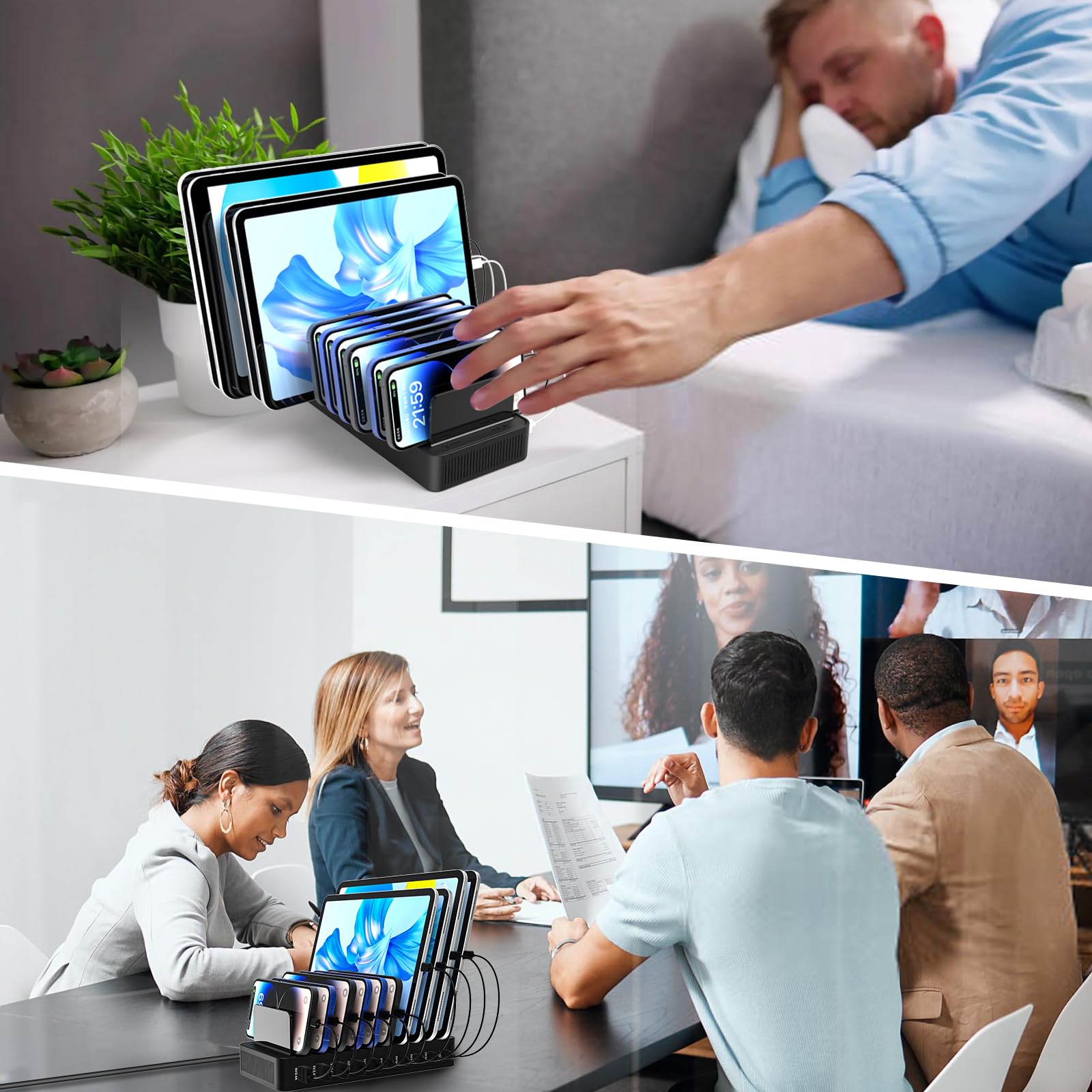 Charging Station for Multiple Devices, 100W 10 Ports Flat Plug Charging Dock with 10 Cables Smart IC Tech and Adjustable Dividers Type-C，Multi USB Charger for iPhone Galaxy iPad Tablet，Black