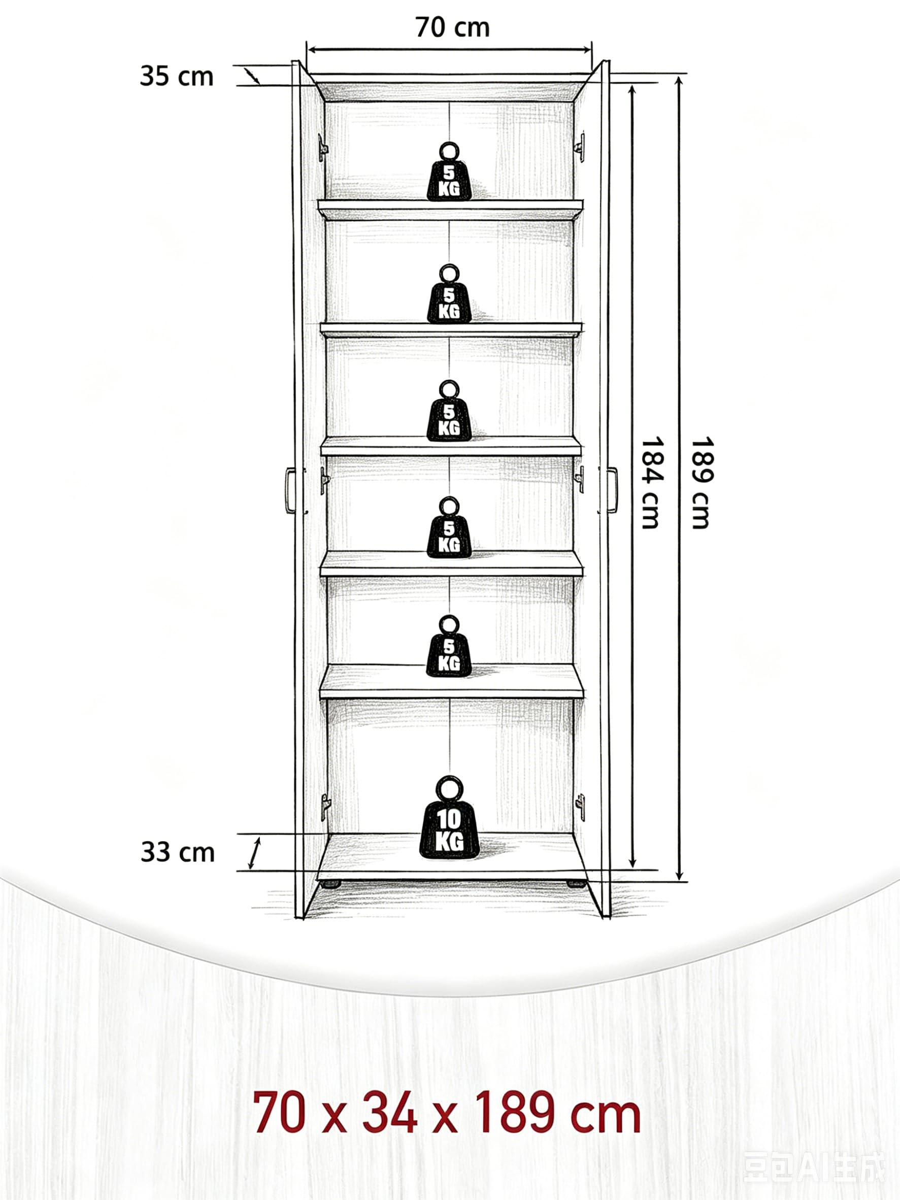 Weiß mit 2 Türen, Aktenschrank inkl. 5 Einlageböden, melaminbeschichteter Allzweckschrank, Maße 70 x 34 x 190 cm