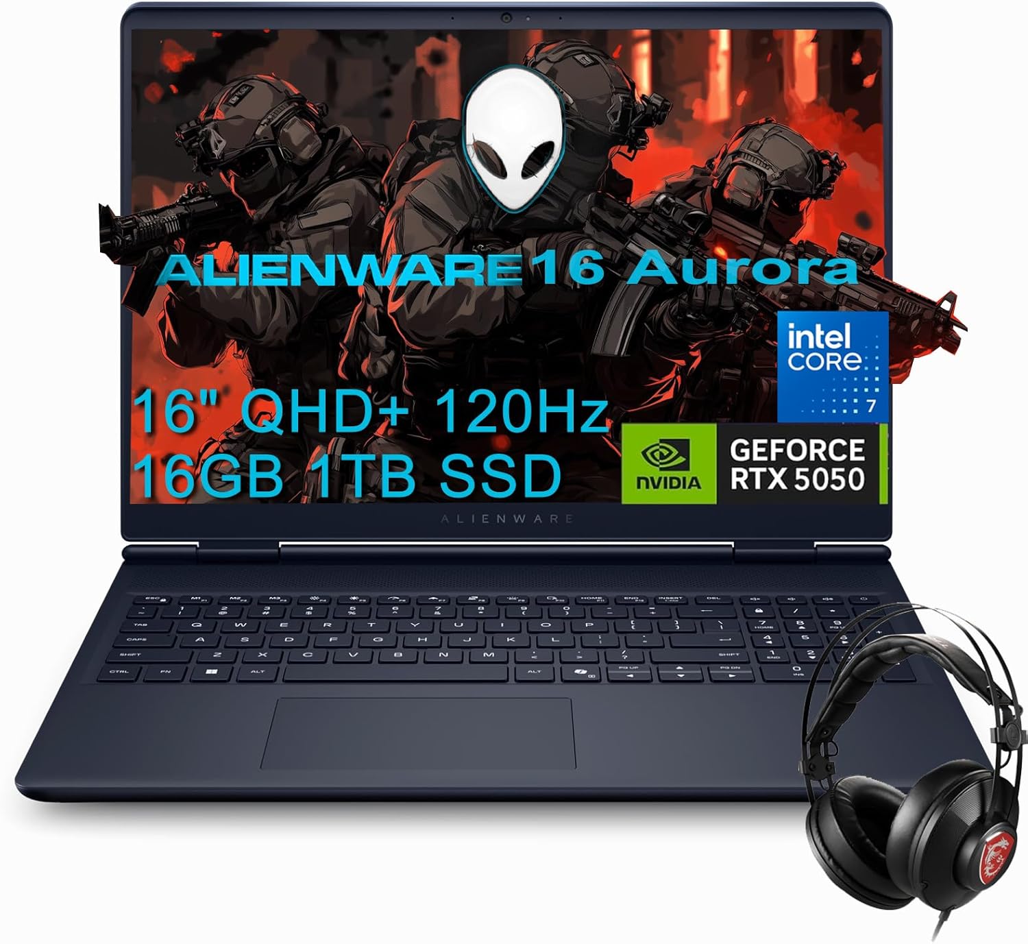 Alienware 16 Aurora Gaming Laptop w/ Headset (16" QHD+ 120Hz, Intel 10-Core 7 240H, 16GB DDR5 RAM, 1TB SSD, NVIDIA GeForce RTX 5050 8GB), White Backlit Keyboard, Wi-Fi 7, Ethernet, Webcam, Win 11 Home