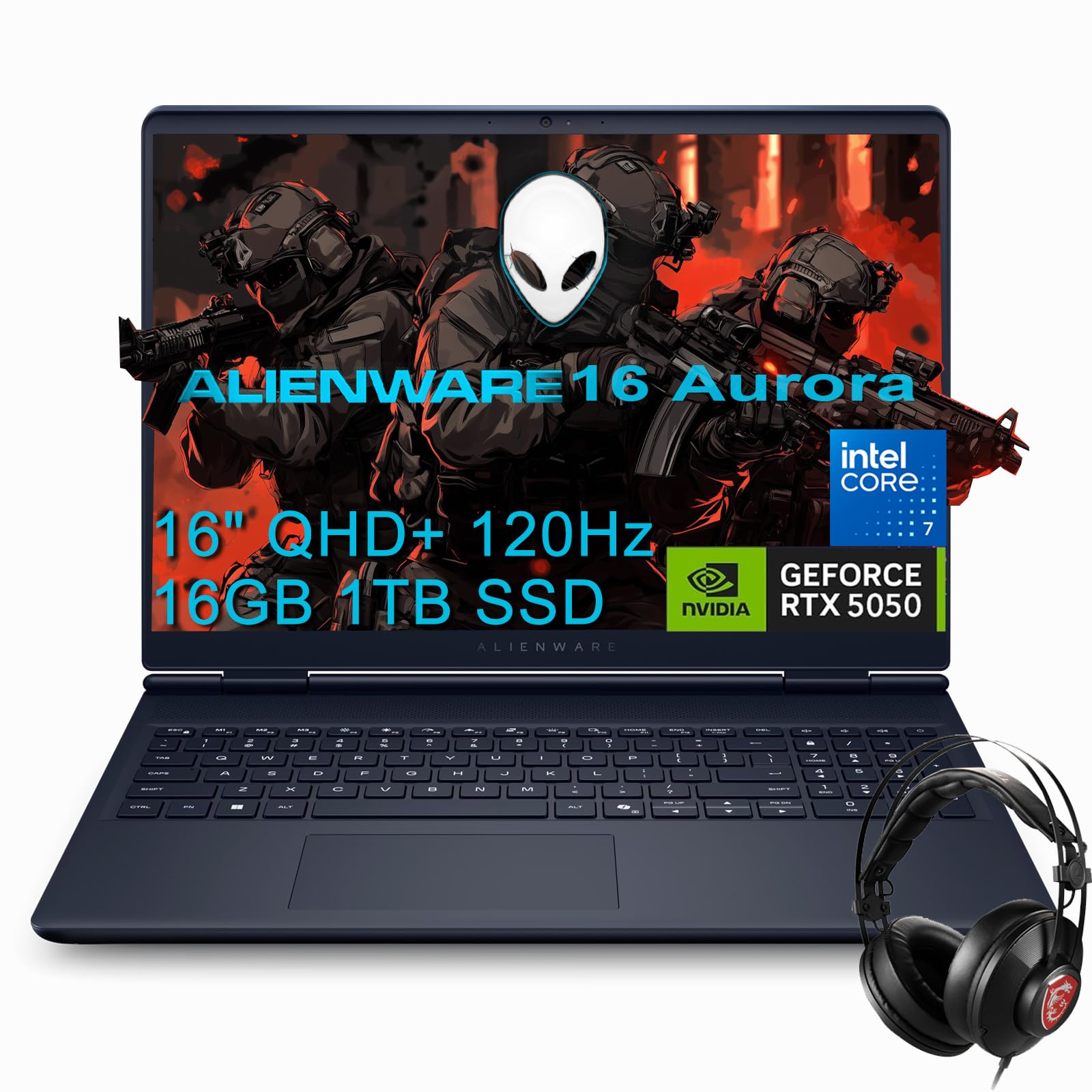 Alienware 16 Aurora Gaming Laptop w/ Headset (16" QHD+ 120Hz, Intel 10-Core 7 240H, 16GB DDR5 RAM, 1TB SSD, NVIDIA GeForce RTX 5050 8GB), White Backlit Keyboard, Wi-Fi 7, Ethernet, Webcam, Win 11 Home
