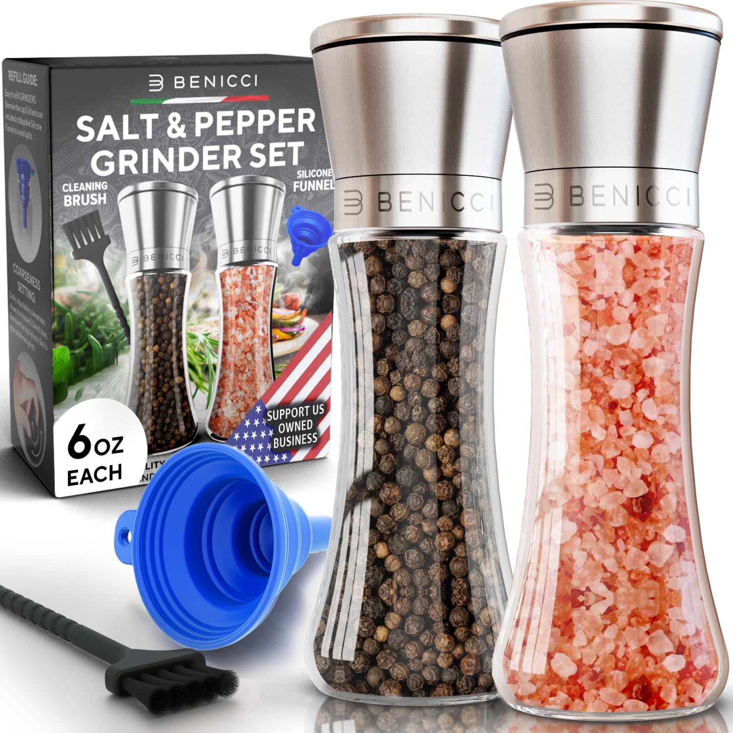 Premium Salt and Pepper Grinder Set of 2 - Two Refillable Stainless Steel Sea Salt & Spice Shakers with Adjustable Coarse Mills - Easy Clean Ceramic Grinders w/BONUS Silicone Funnel & Cleaning Brush